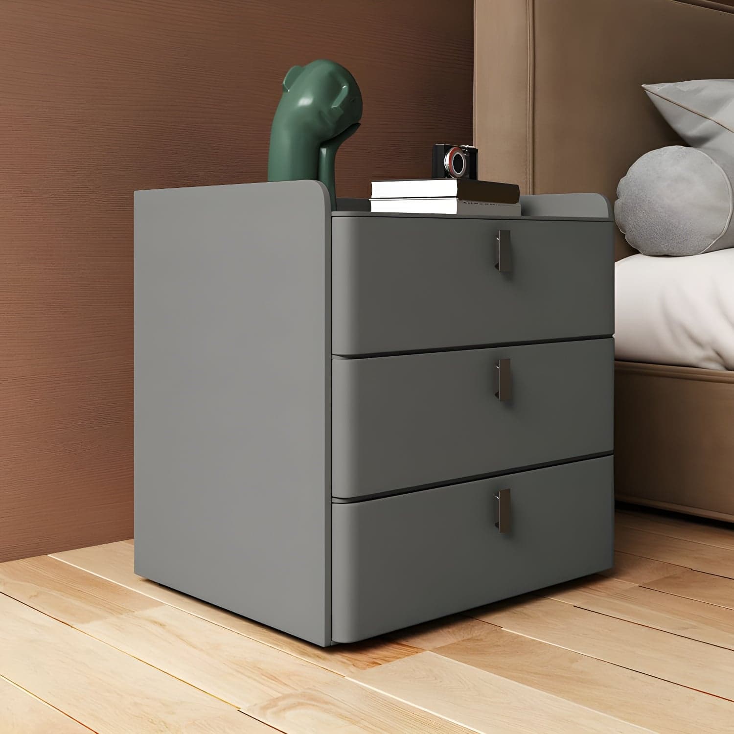 Modern Wood Nightstand with 3 Drawers and Stone Countertop in Small Size - image 6