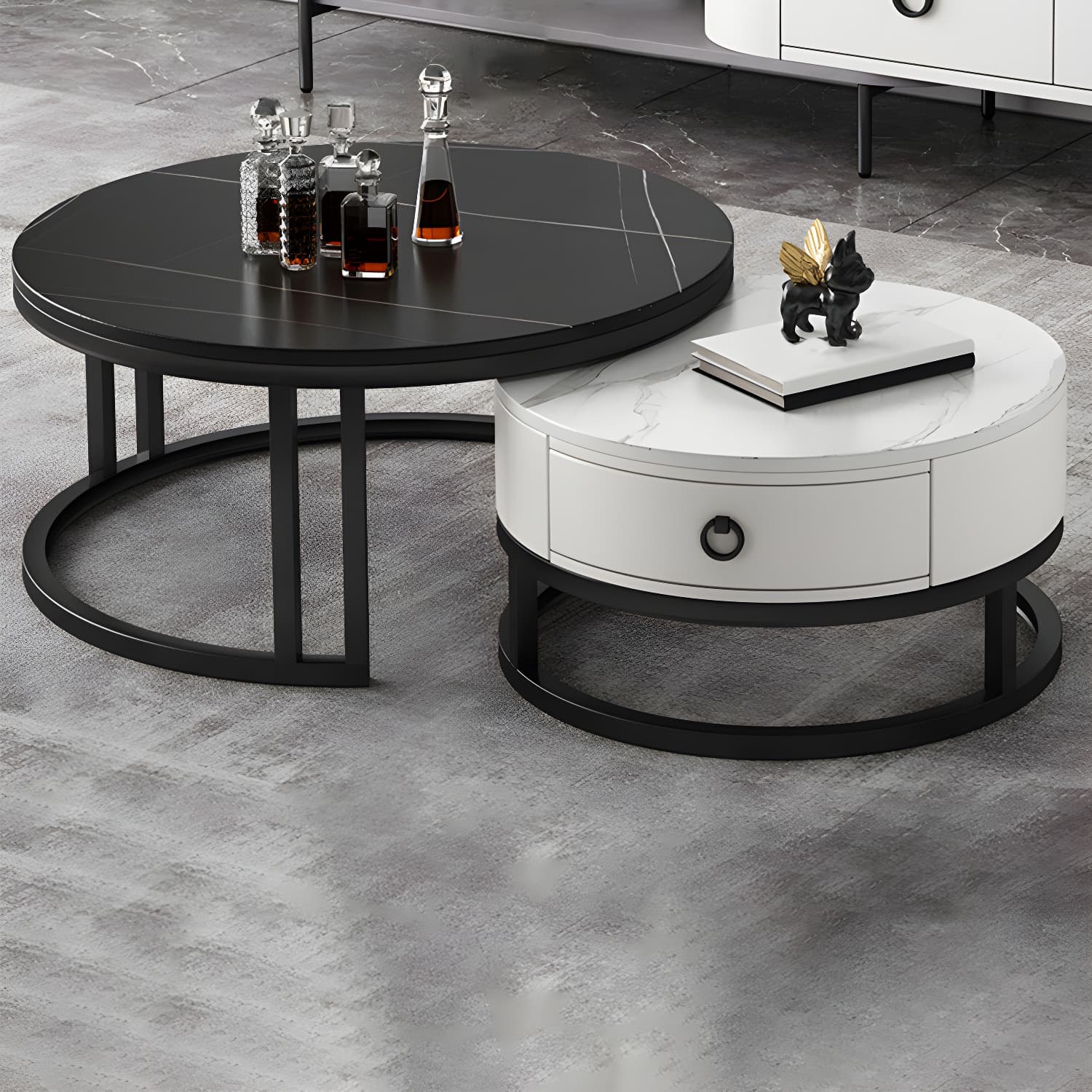 Modern Nesting Coffee Table Set Frame Round Coffee Table Set with Drawer - image 8