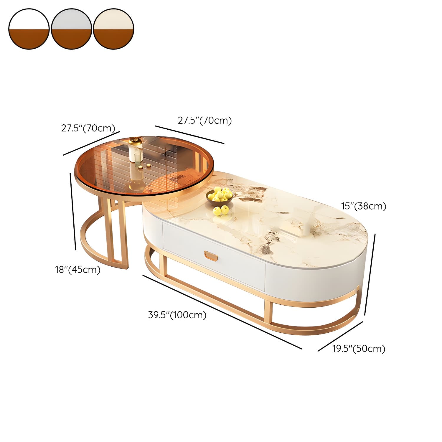 Set of 2 Modern Nesting Stone Coffee Tables with Metal Frame and Drawers - image 16