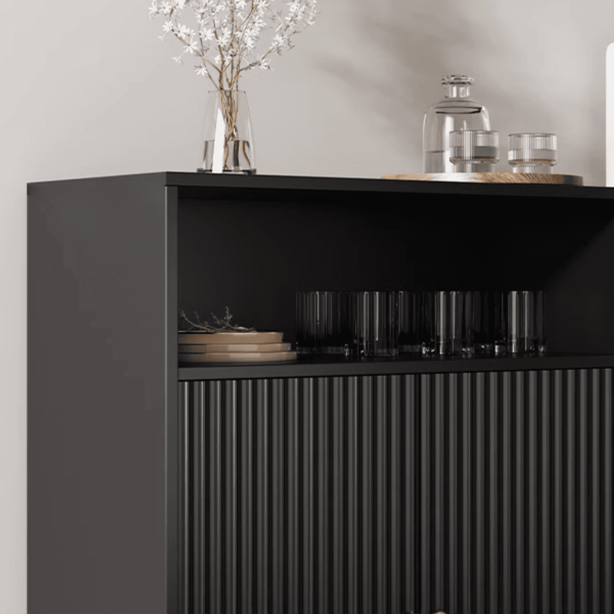 Standard/Narrow Midnight Black Lumber Cupboard 2 Shelves Pantry Hutch Glass-panel Door Sideboard - image 5
