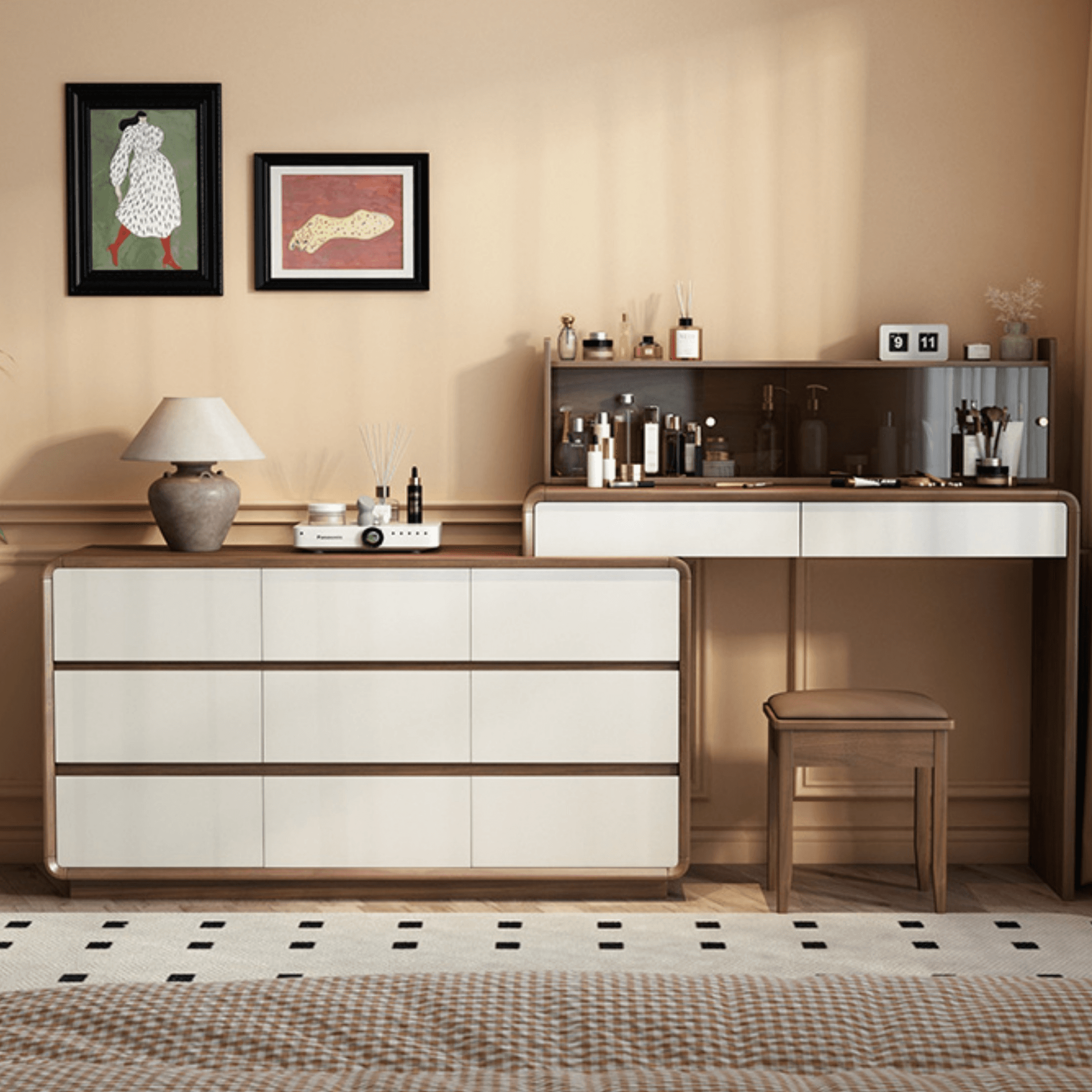 Simplistic Large Vanity Set with Rubberwood Table Top and Auburn Seat, Featuring 8/11/5 Drawers, No Suspension