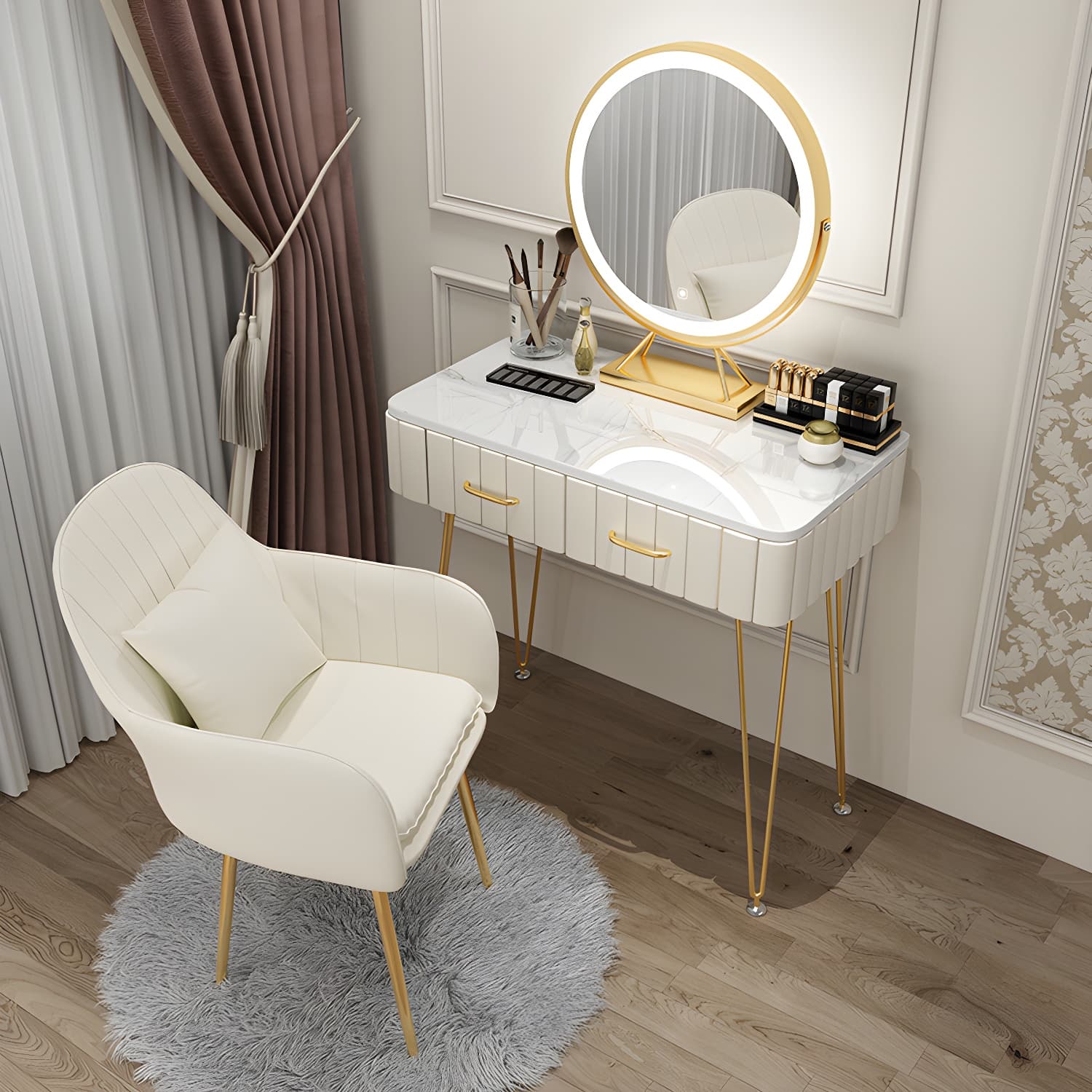 Contemporary With Drawer Wooden Bedroom Lighted Mirror Make-up Vanity - image 3