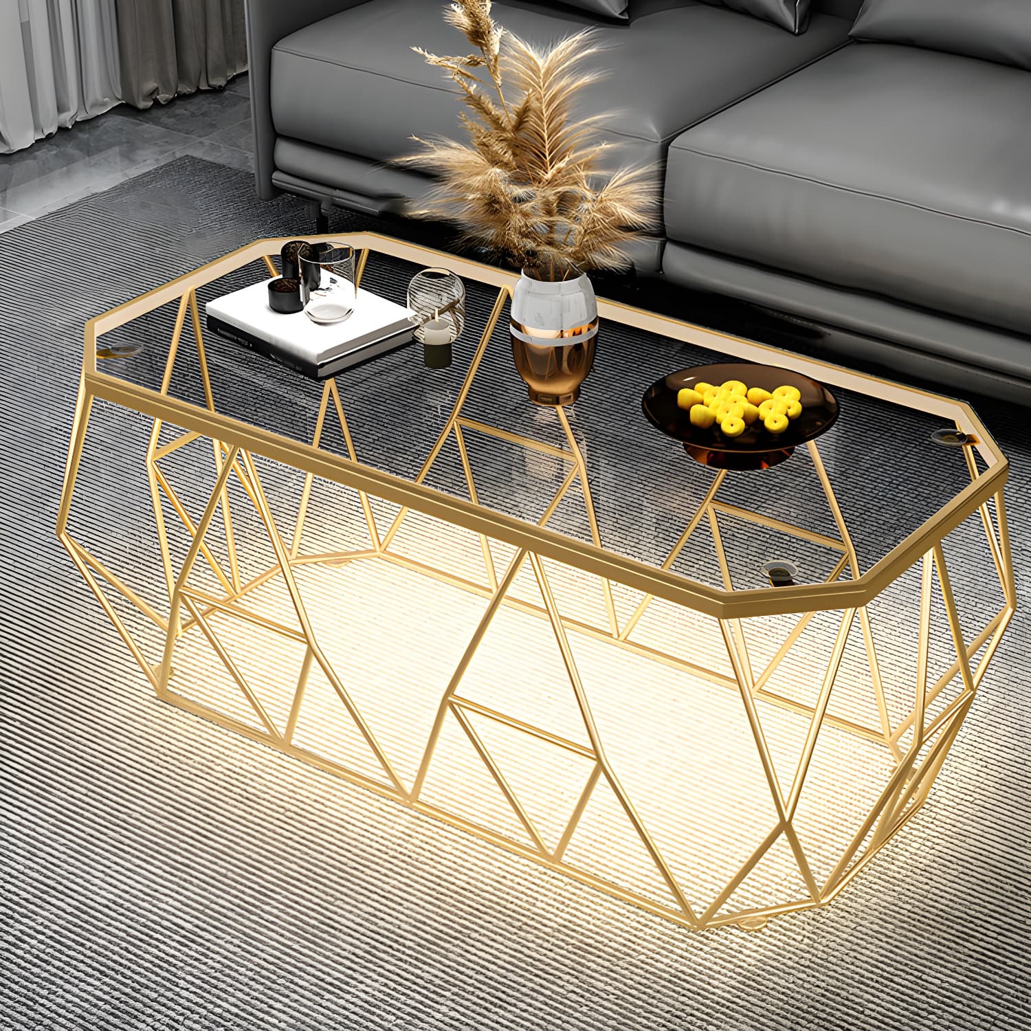 Octagon Glass Glam Coffee Table with Gold Iron Frame and Tempered Glass Top - image 3