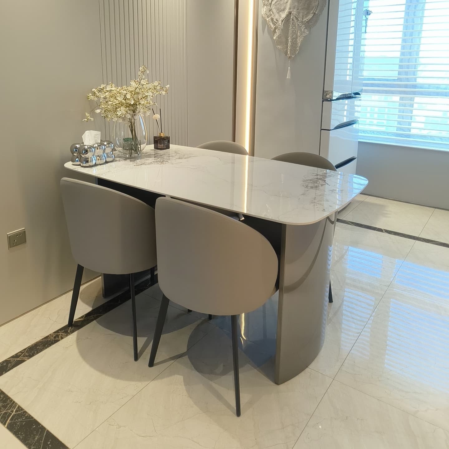 Retro Slate Dining Table Set with Dual-base, Upholstered Chairs, Back, and White Top