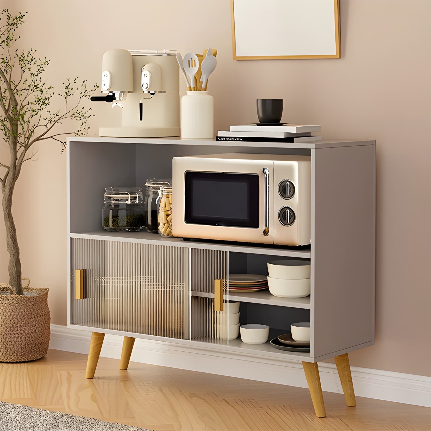 Scandinavian Wood Buffet Table with Acrylic Sliding Doors and Cabinet - image 11