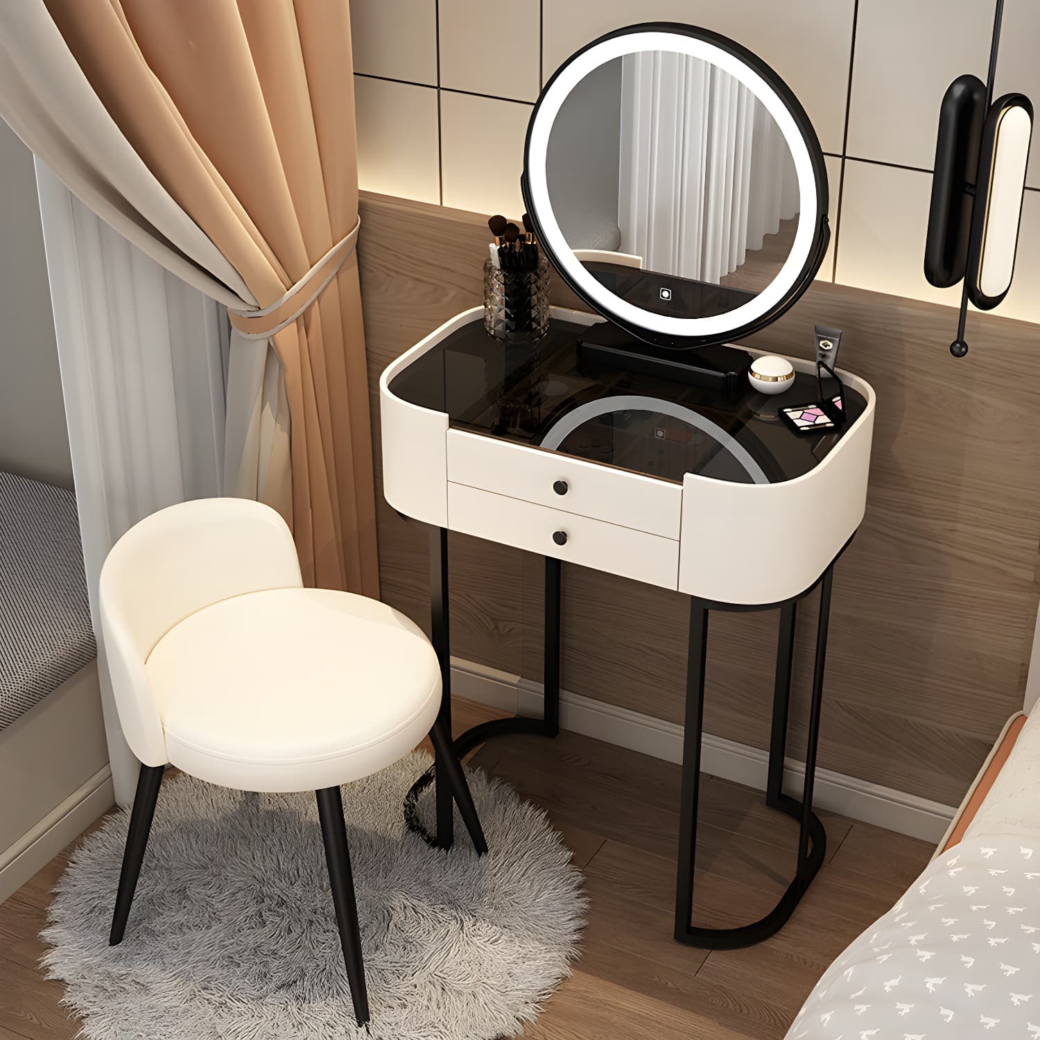 Modern 2 - Drawer Vanity Makeup Dressing Table Glass Top Vanity Set with Mirror and Stool - image 3