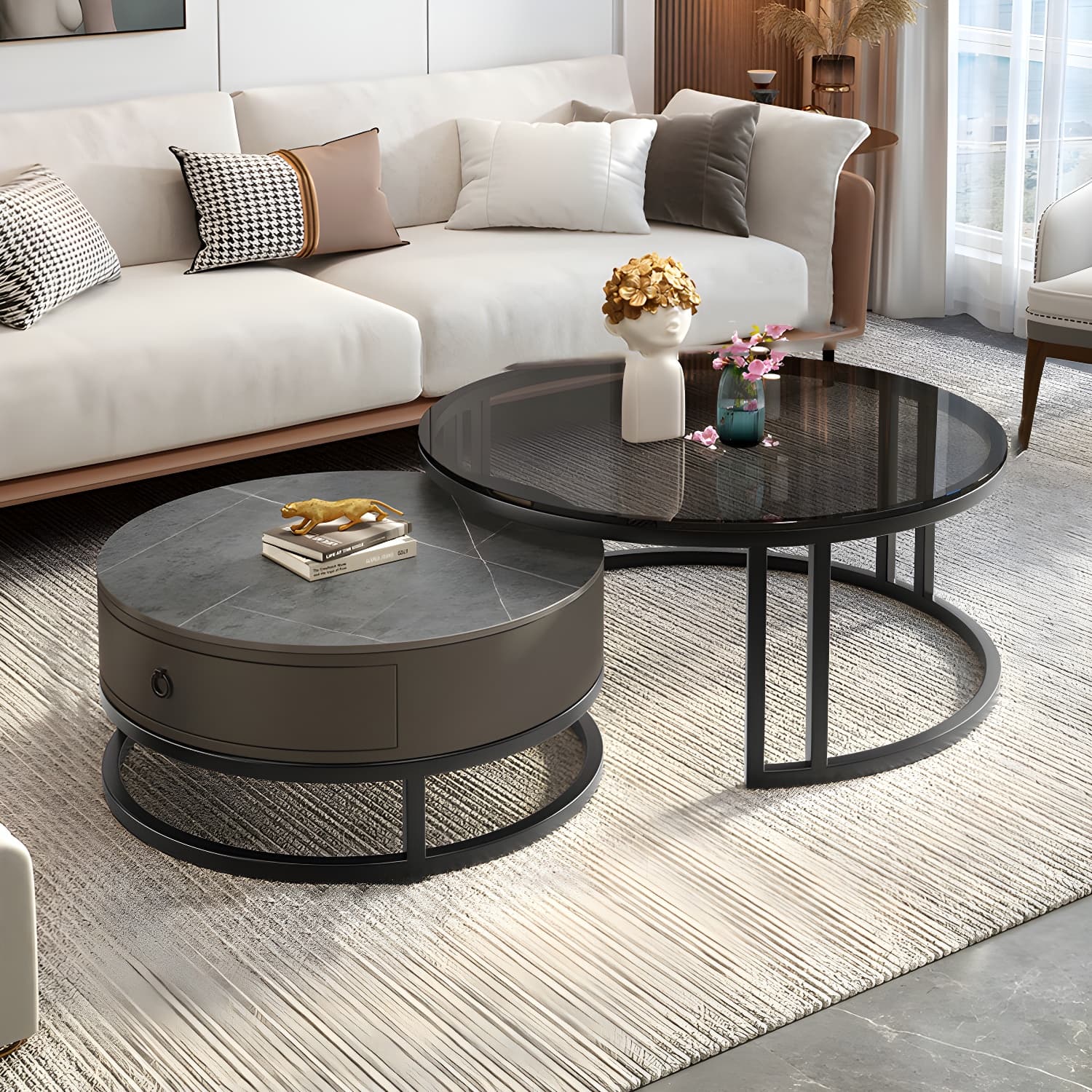 Modern Glass Coffee Cocktail Table Round Nesting Coffee Table Set