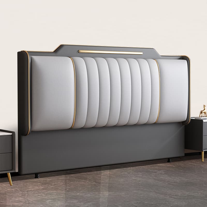 Modern Simple Style Panel Headboard in Natural Wood with No Distressing, Stepped Shape for California King/King/Queen Bed, Sponge Upholstery Fill, Standard Height