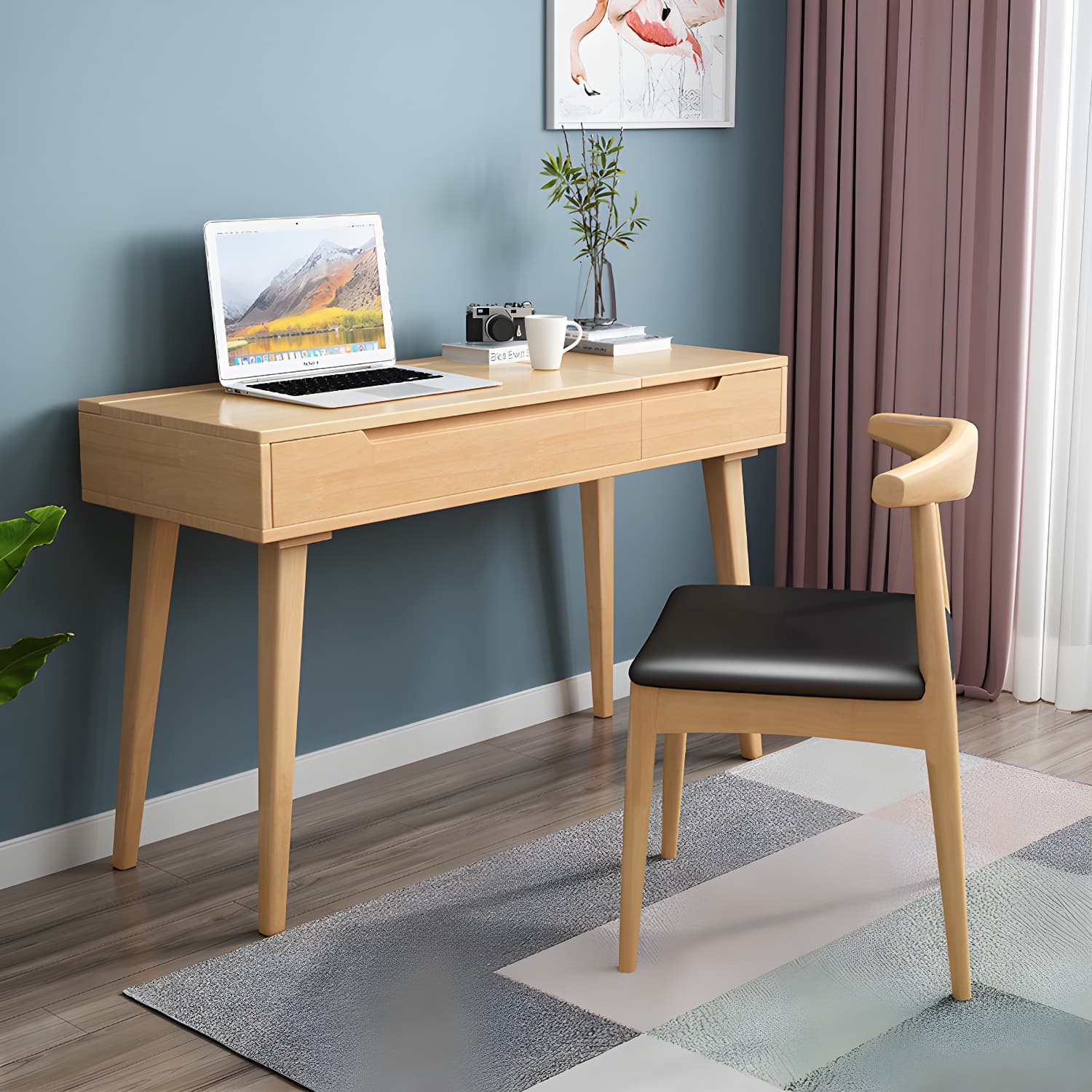 Scandinavian Solid Wood Vanity Makeup Table Set 1 Drawer Flip-Top Dressing Table - image 4