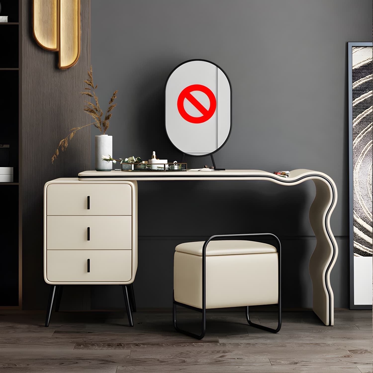 3 Drawers Make-up Vanity Set, 28.74" H Leather Vanity with Stool & Mirror - image 7