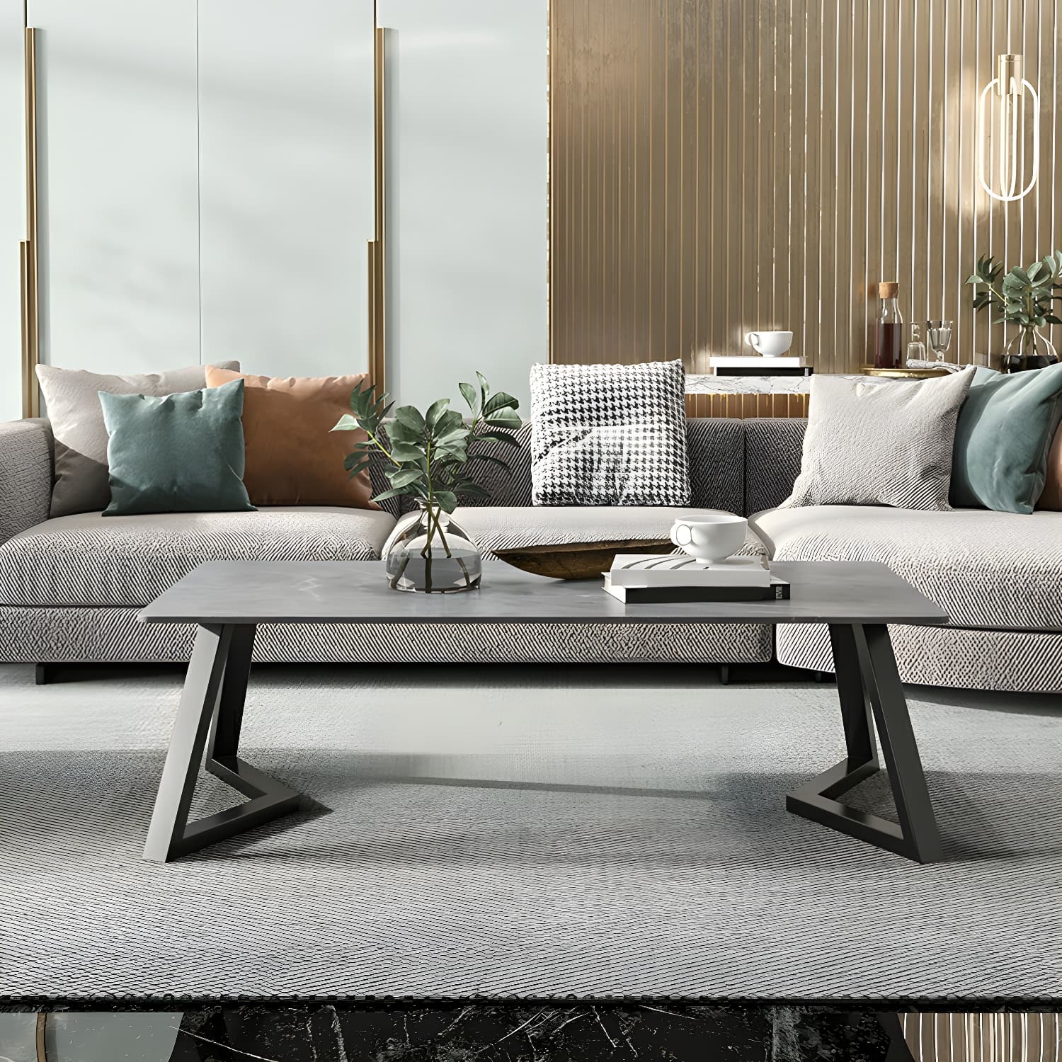 Rectangular Stone Modern Coffee Table with Black Iron Double Pedestal Base - image 4