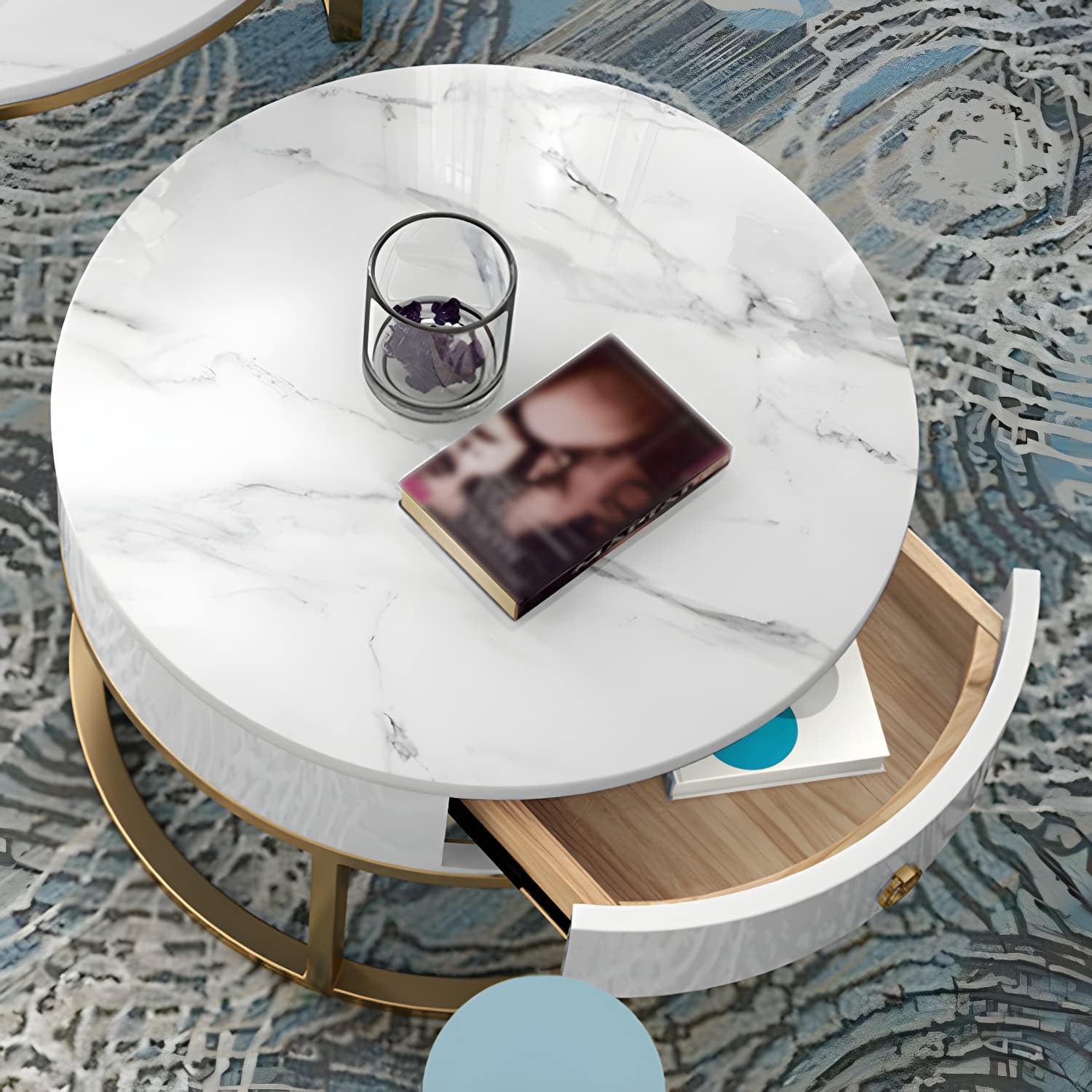 Round Frame Coffee Table Slate Nesting Coffee Table Set with Drawer - image 7