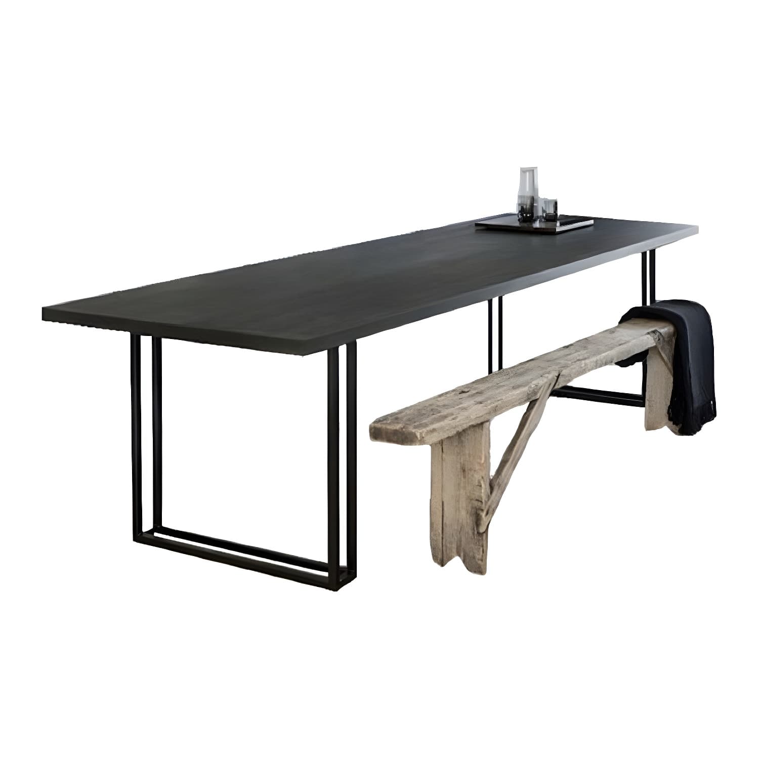 Rectangle Industrial Dining Table Solid Wood Double Pedestal Table with Metal Base