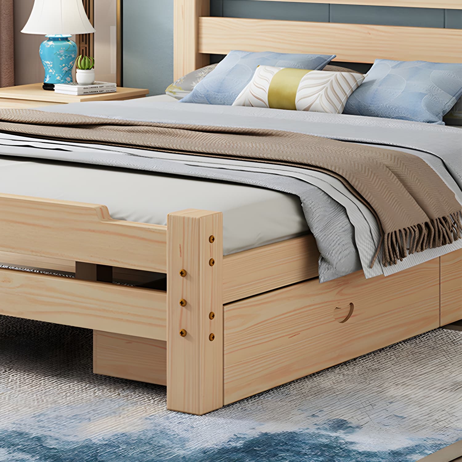 Pine Wood Bed in Light Brone Scandinavian Bed with Headboard - image 7