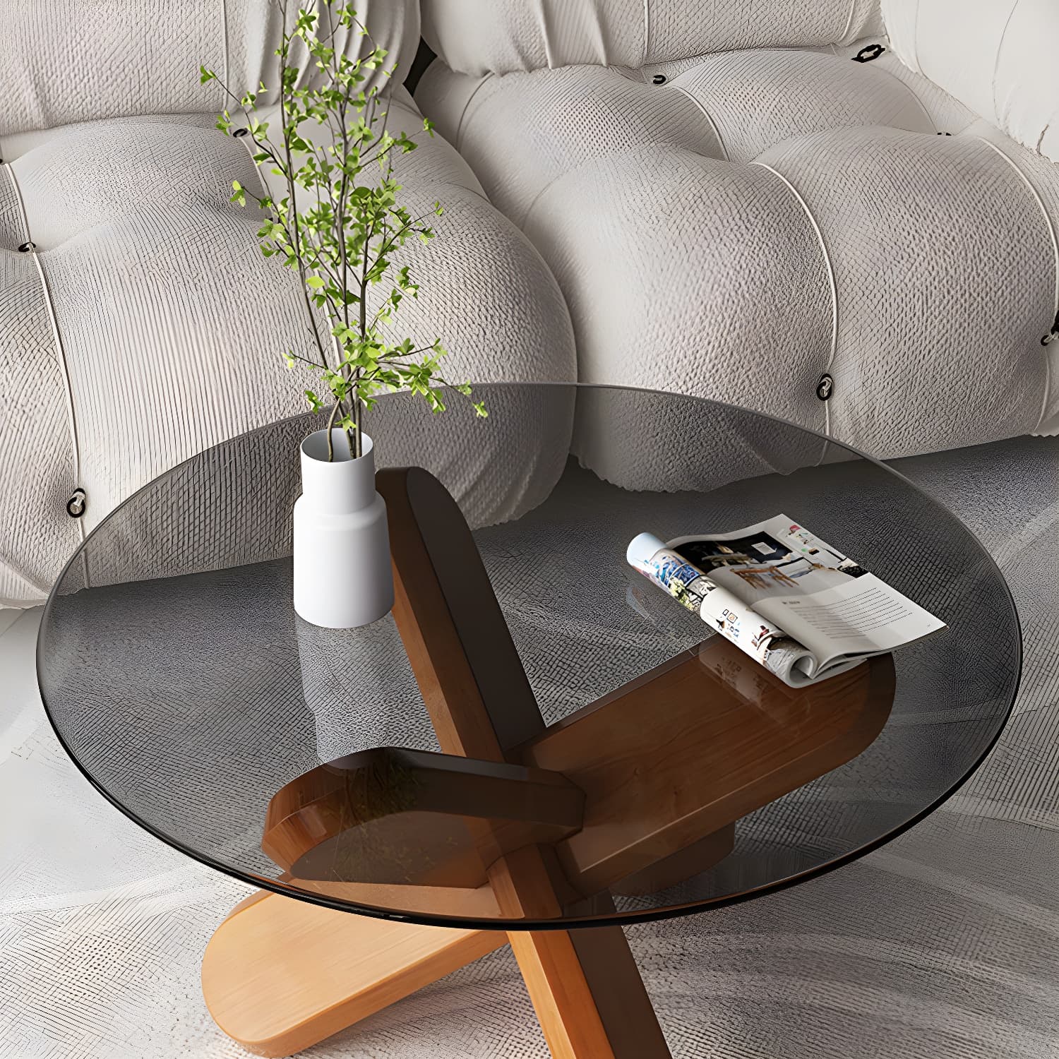 Modern Round Glass Top Coffee Table with Abstract Wooden Leg - image 11