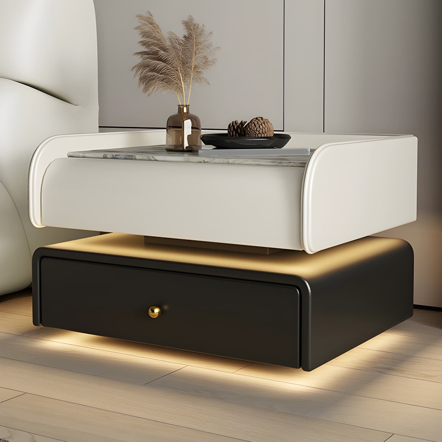 Modernism Bedside Cabinet Made from Leather and Wood for Bedroom