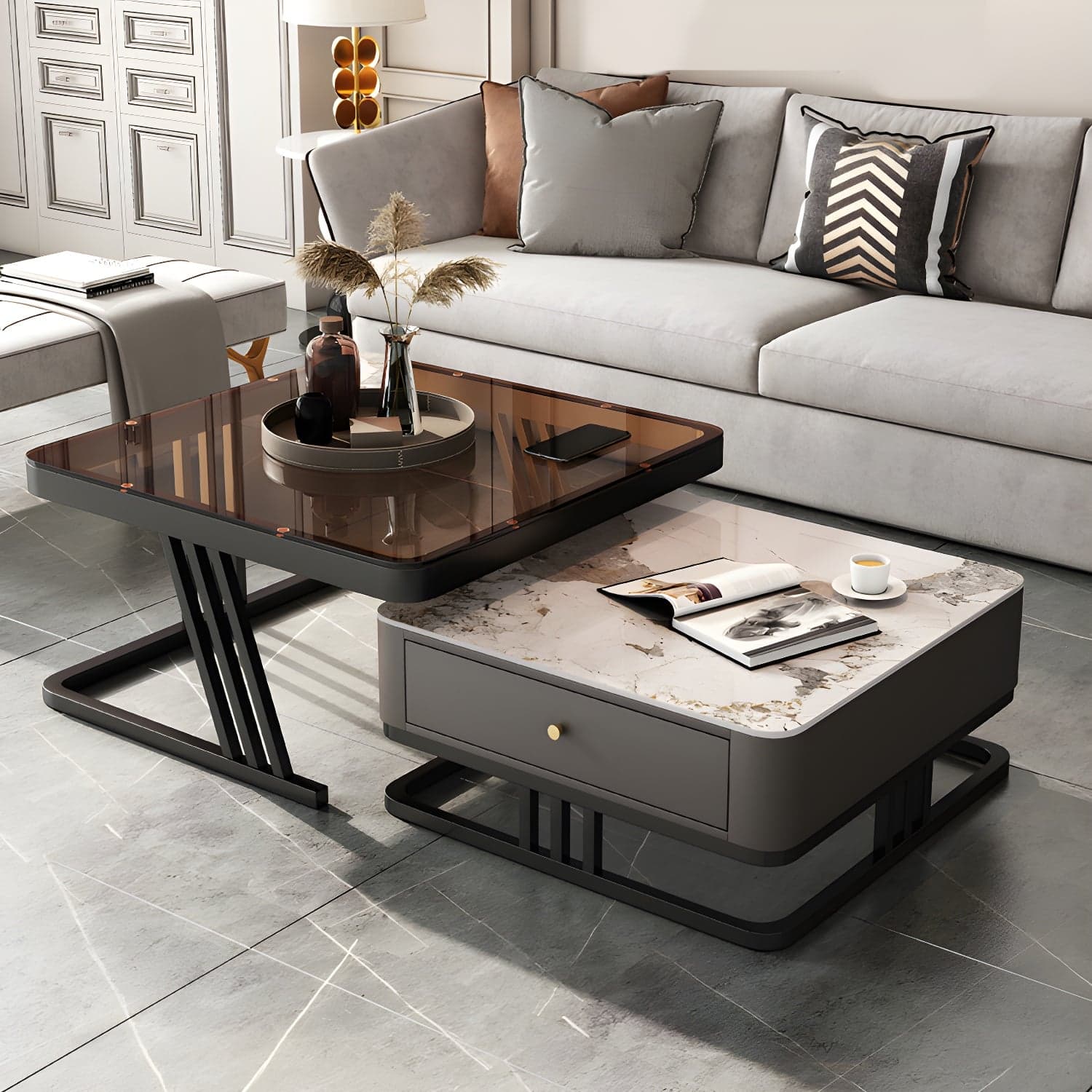 Modern Round Glass / Slate Cocktail Table Steel Frame Coffee Table with Drawer - image 4