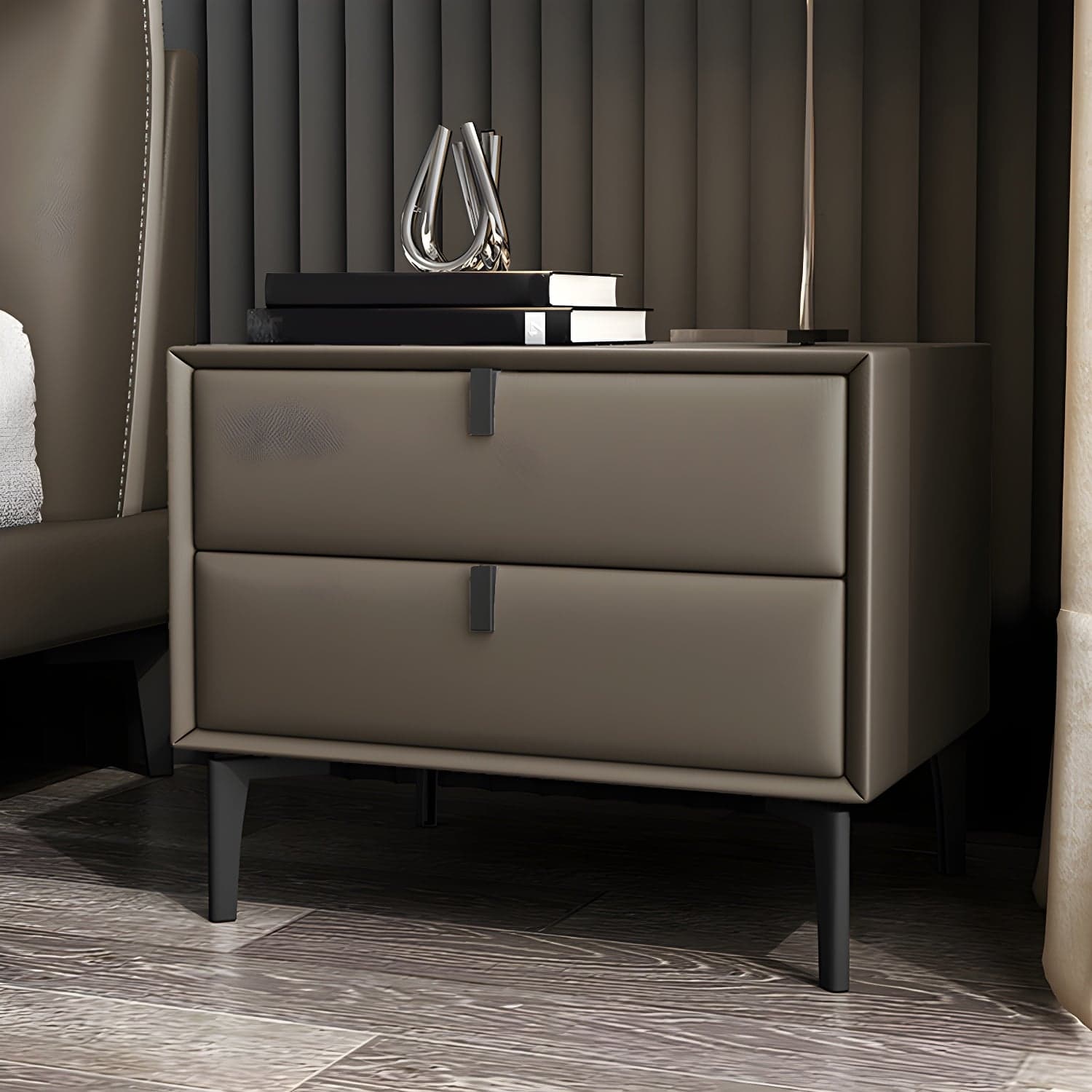 Pine Frame Two Drawers Leather Multicolor Choice of Black Table Foot Nightstand - image 7