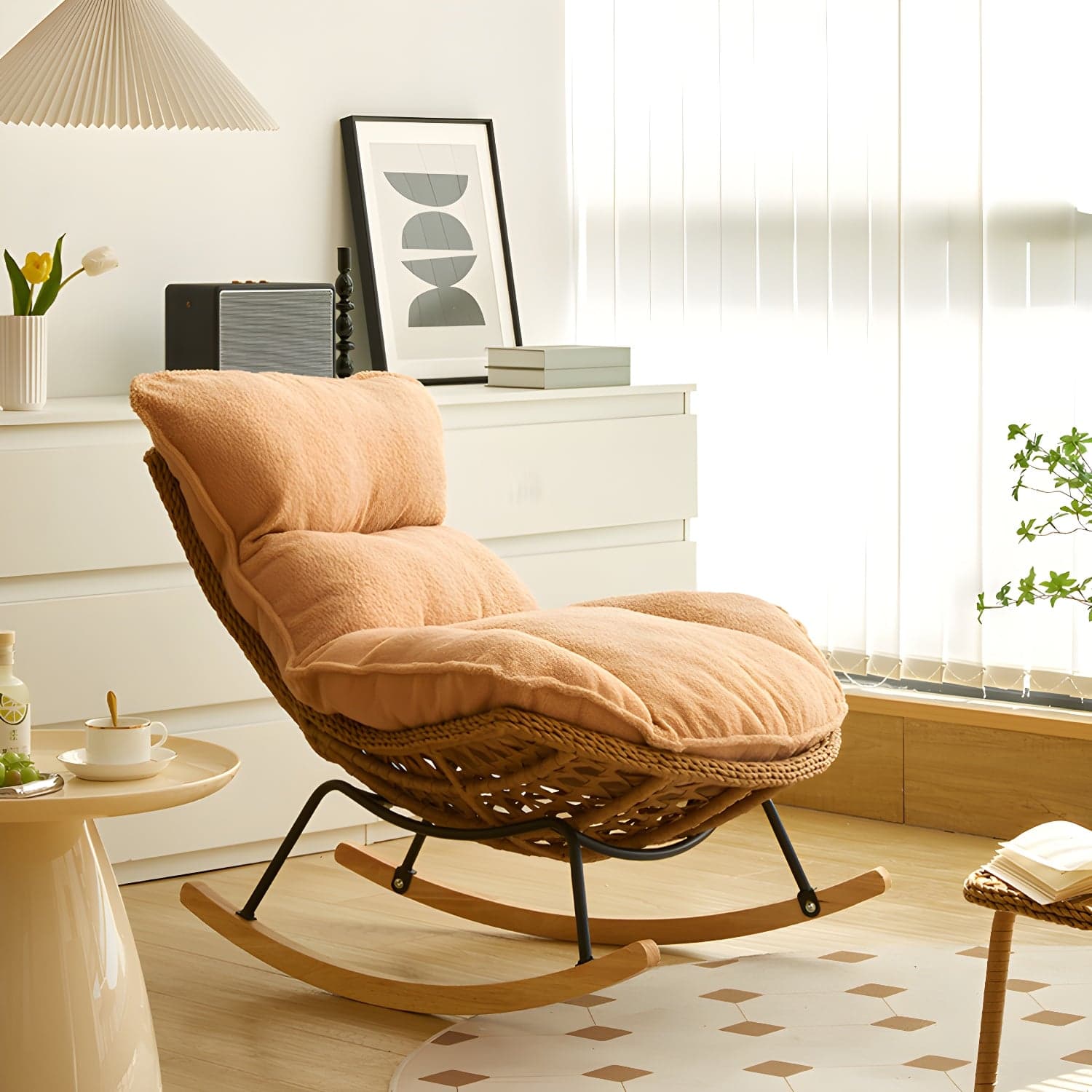 Rattan Brown Frame Rocking Chair Solid Wood Armless for Outdoor - image 5