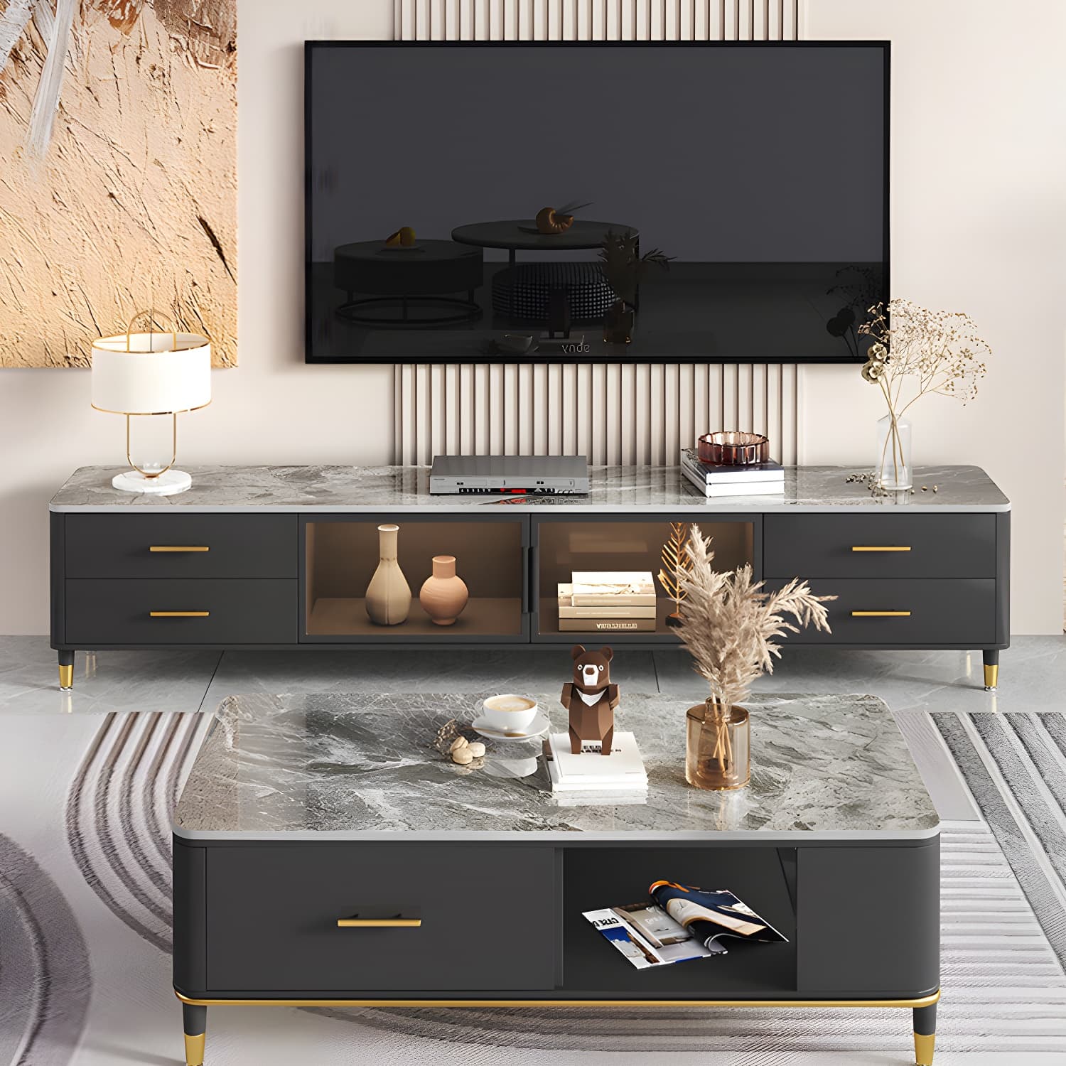 Stone Top Media Console Contemporary TV Media Stand with Metal Legs - image 4
