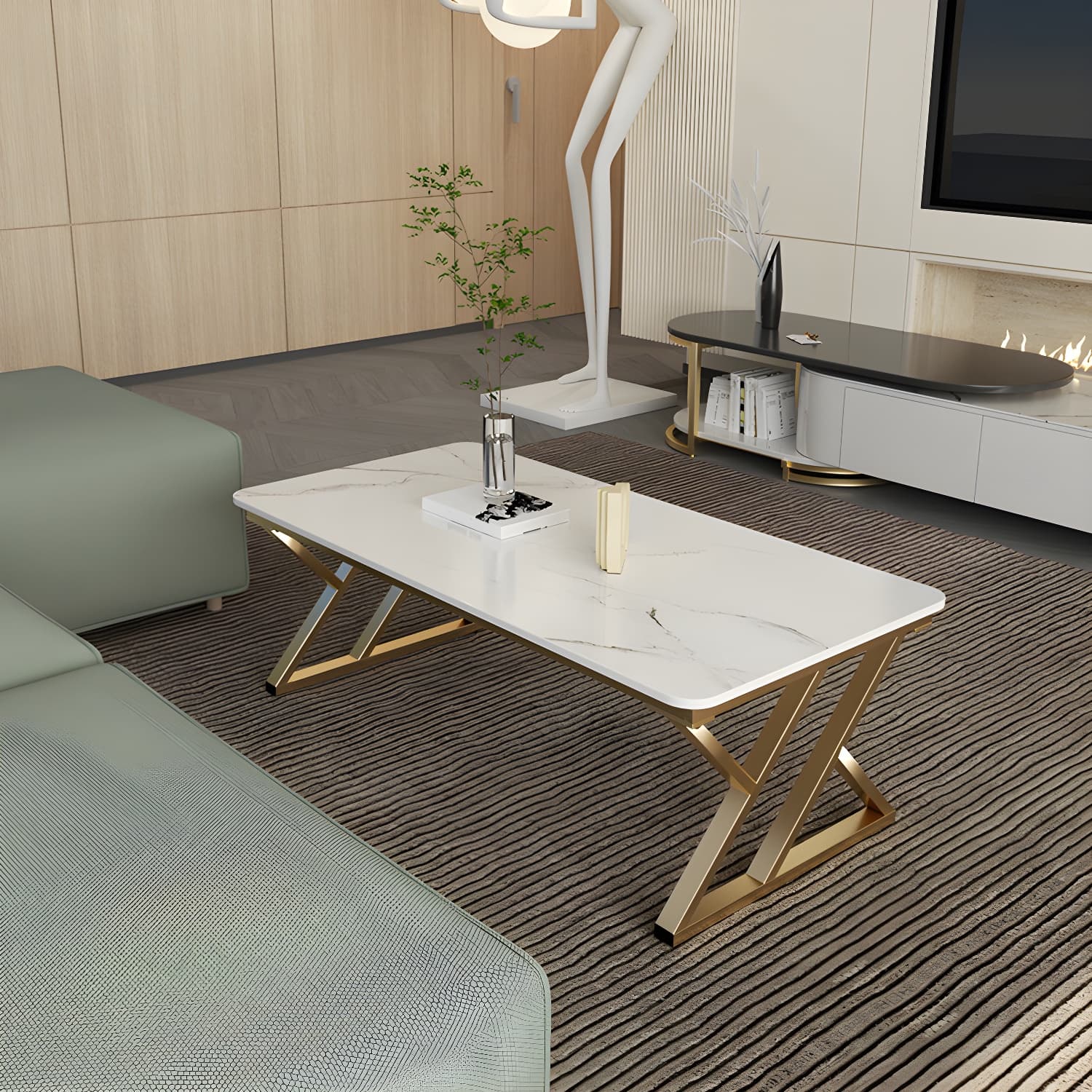 Rectangle Stone Top Coffee Table with Iron Sled Base Cocktail Table - image 5