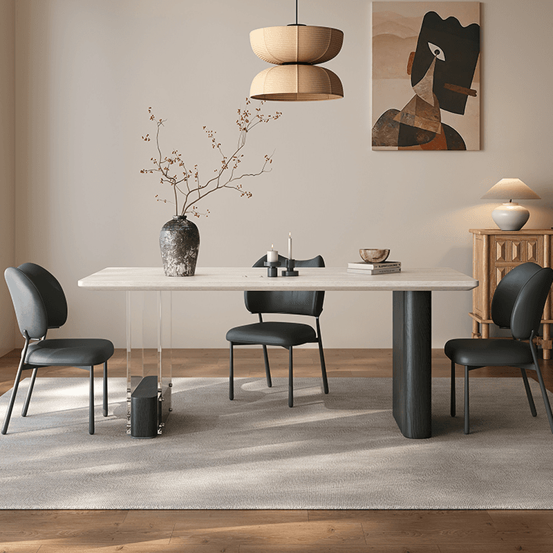 Dining Table Set with Rectangular Slate Stone Top and Two-sided Pedestal, Featuring Padded Chair with Back, 5-piece in Ivory - image 4