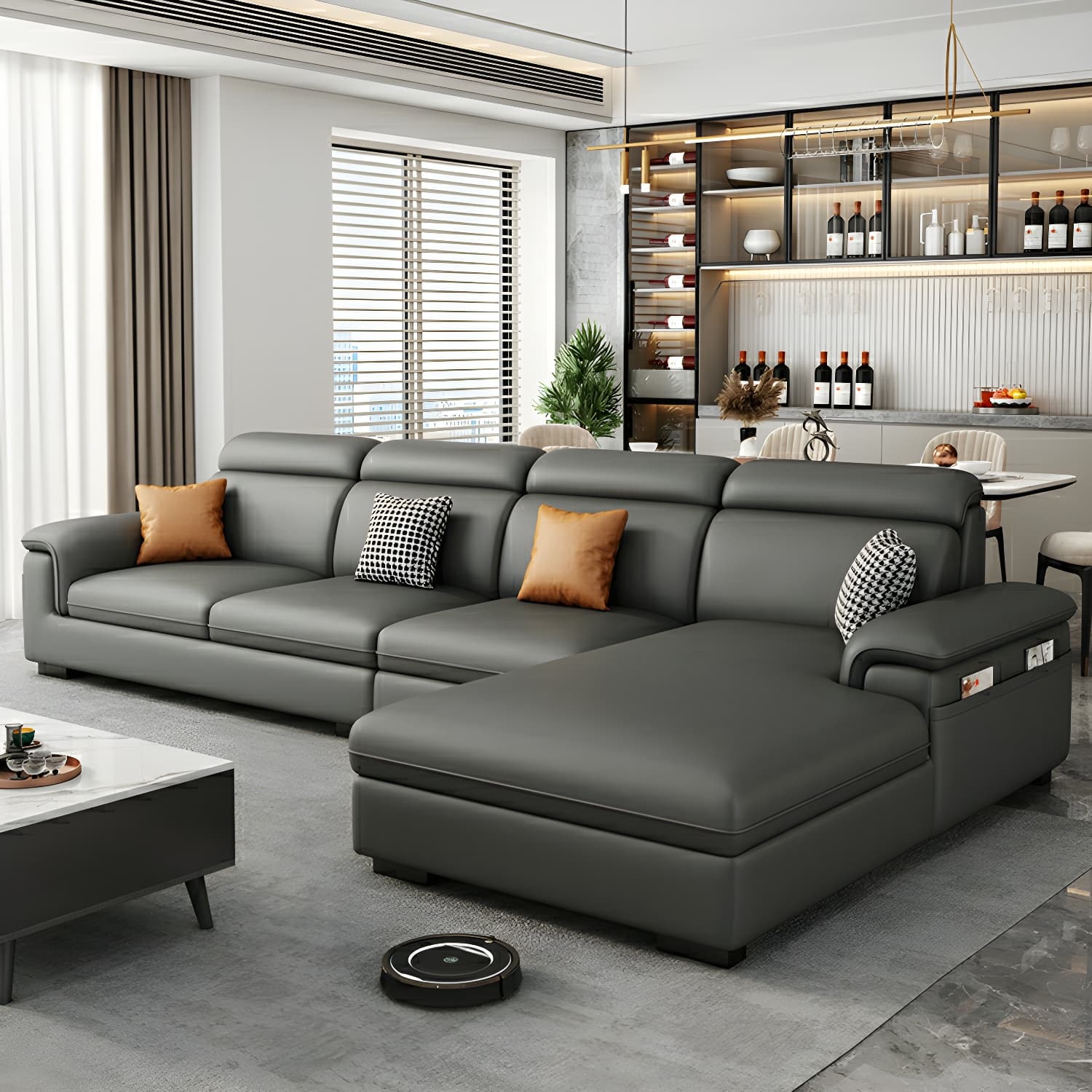 Modern Gray Stationary Sectional Sofa with Pillow Top Arm and Storage