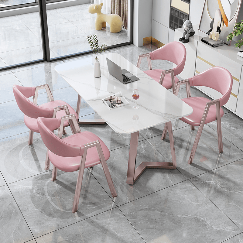 Sleighing Dining Table Set with Fixed Table, Padded Chair, Back, Armrest, 5-piece in White - image 4