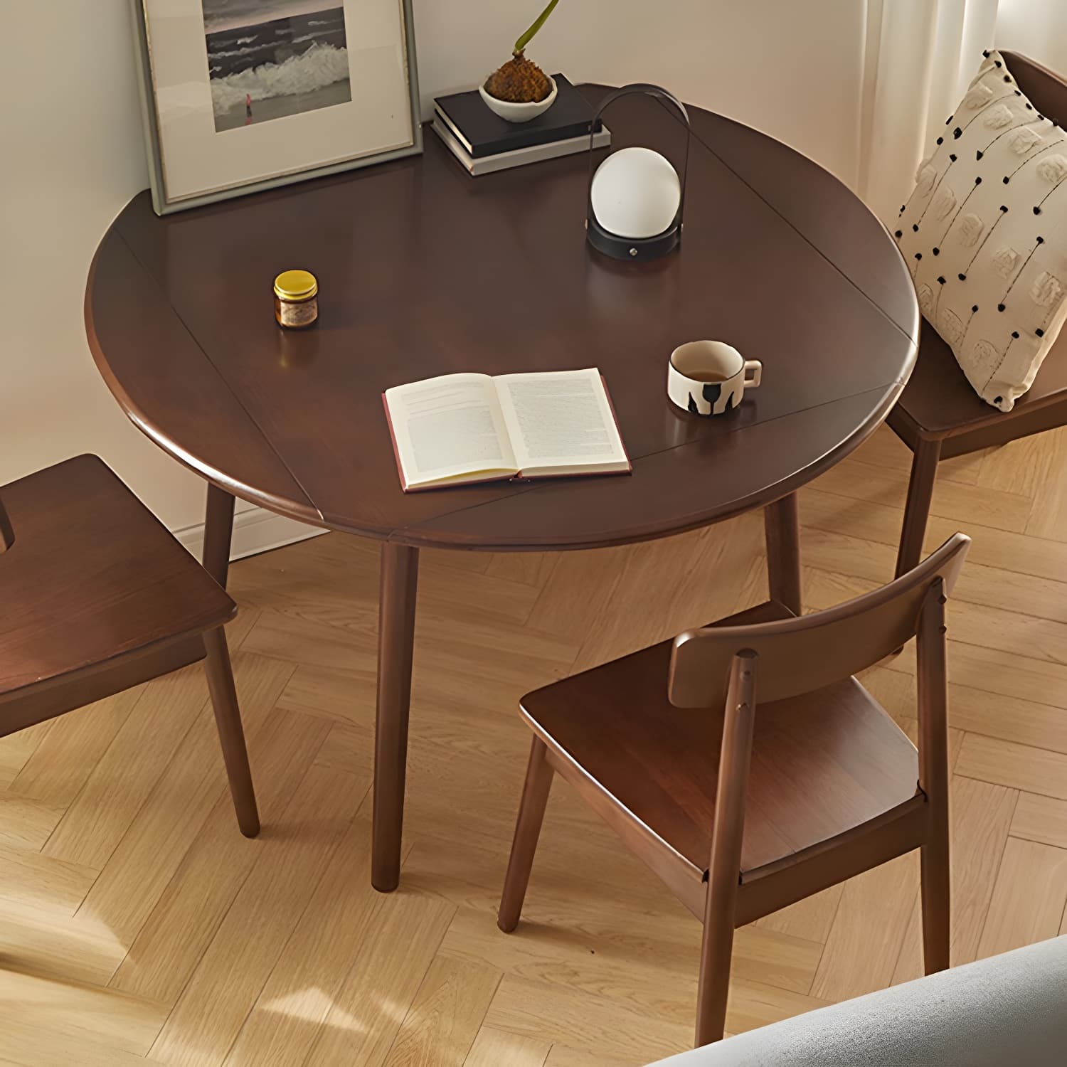 Round Wood Scandinavian Design Dining Table with Self-Storing Leaf and Extension Feature - image 6