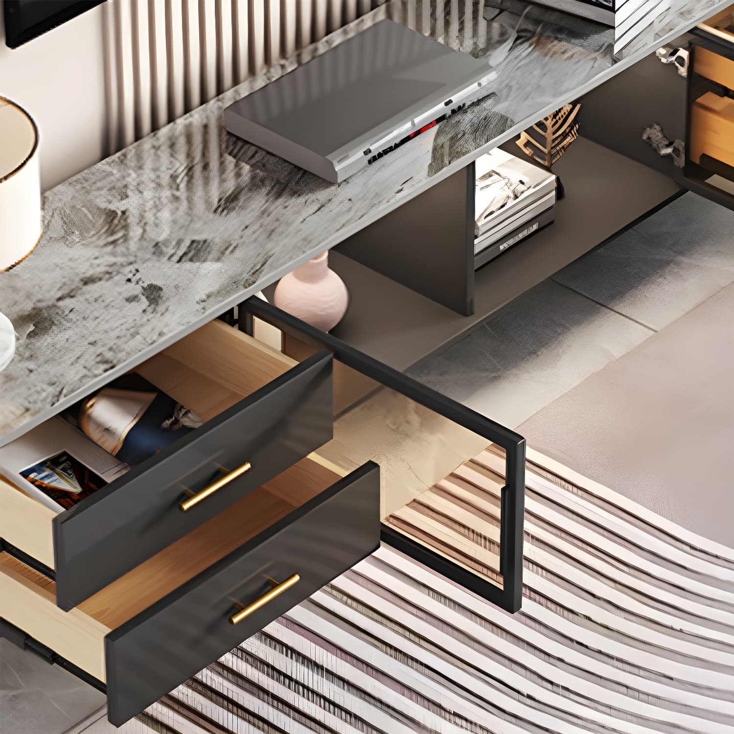 Stone Top Media Console Contemporary TV Media Stand with Metal Legs - image 9