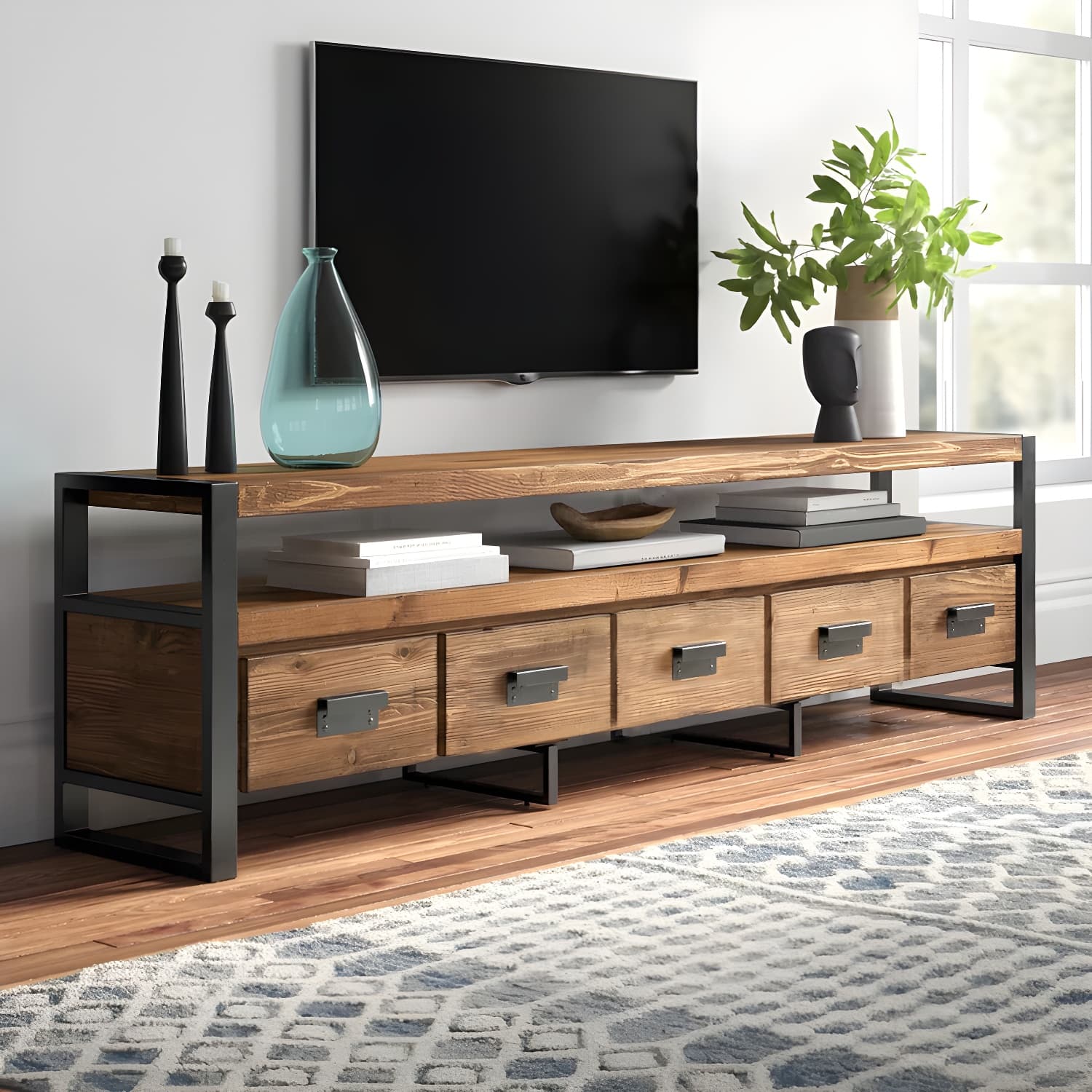 Brown Media Console with Shelves Industrial Pine Wood Top TV Media Stand - image 11
