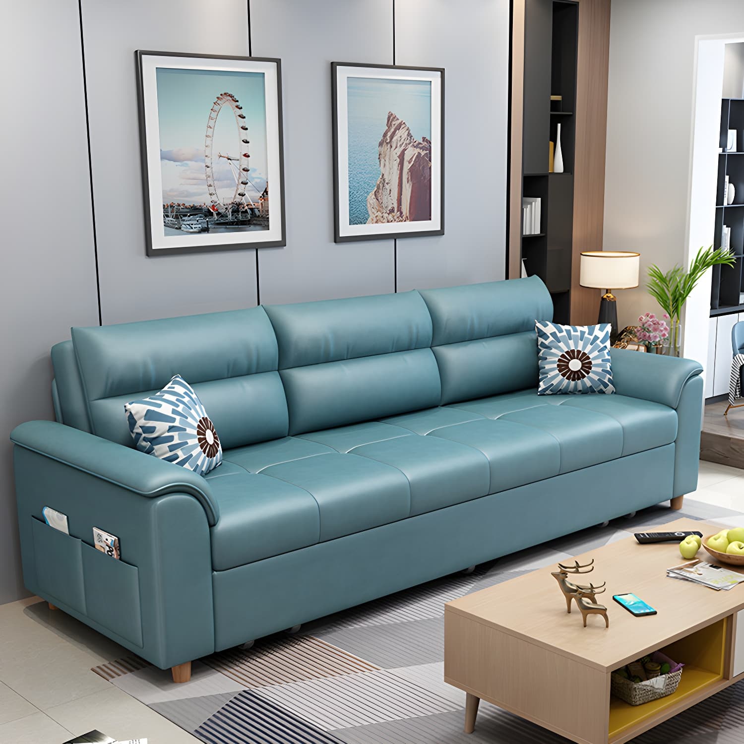 Cotton Blend and Faux Leather Biscuit Back Pillow Top Arm Couch Bed