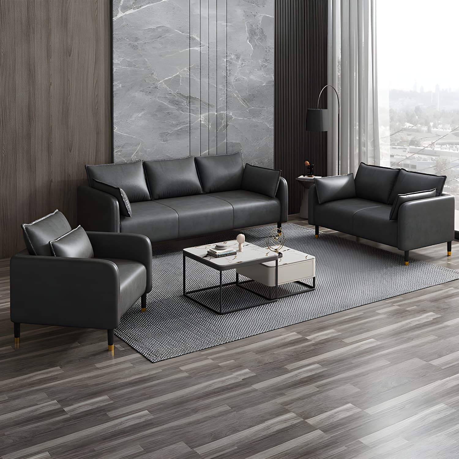 Modern 2-seat Sofa Faux Leather Tuxedo Arm Sofa with 2 Pillows - image 12