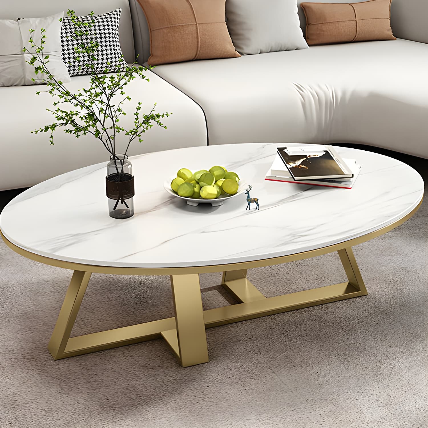 Metal Cross Legs Cocktail Table Luxurious Oval Stone Top Coffee Table - image 10