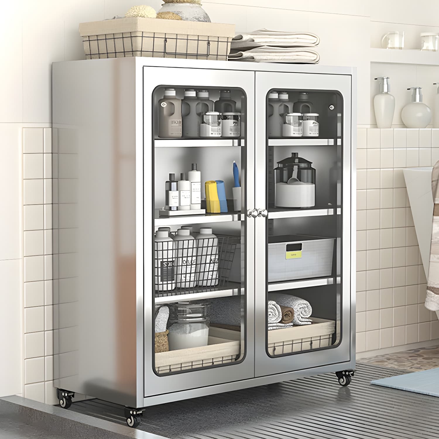 Chrome Stainless Steel Sideboard Cabinet with Cabinets, Adjustable Shelves, and Glass Doors - image 3
