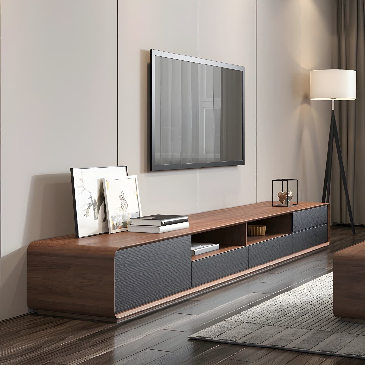 Scandinavian Wood TV Stand with Drawers and Cabinet for Long TVs - Cable Management Included