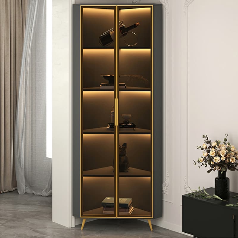 Golden Metal Corner Accent Cabinet with Glass Doors & Lighting Included