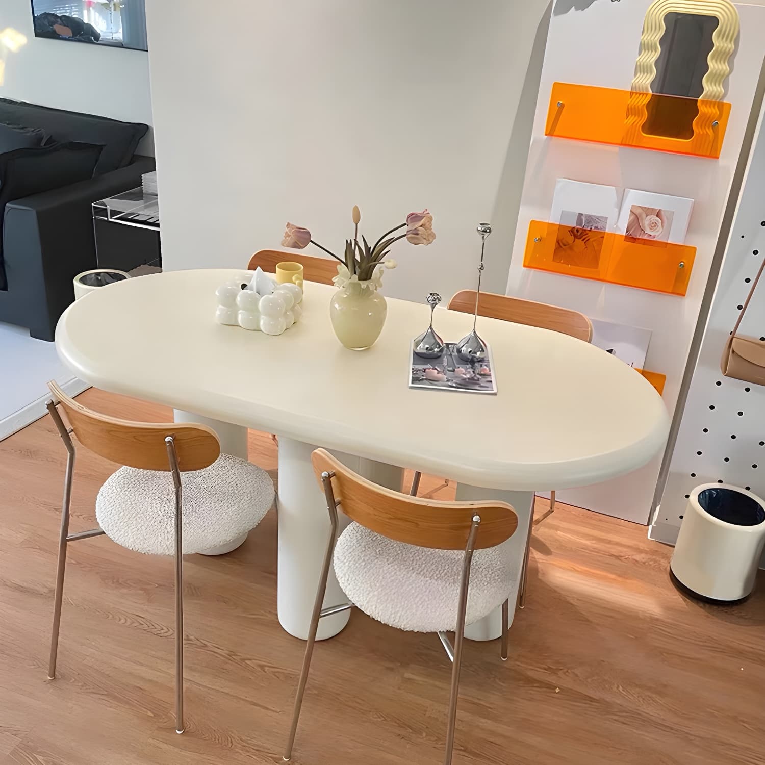 Scandinavian Wooden Oval and Round Dinner Table in White for Dining Room