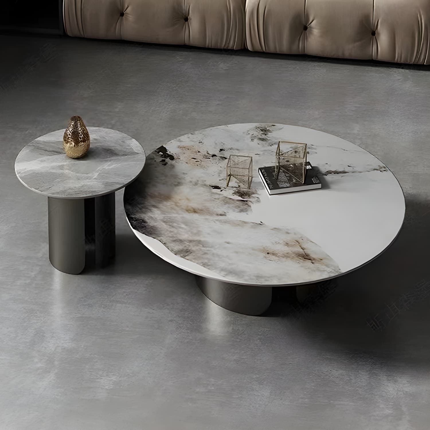 Chic Modern Round Beige Stone Top Coffee Table with Industrial Iron Base - image 4