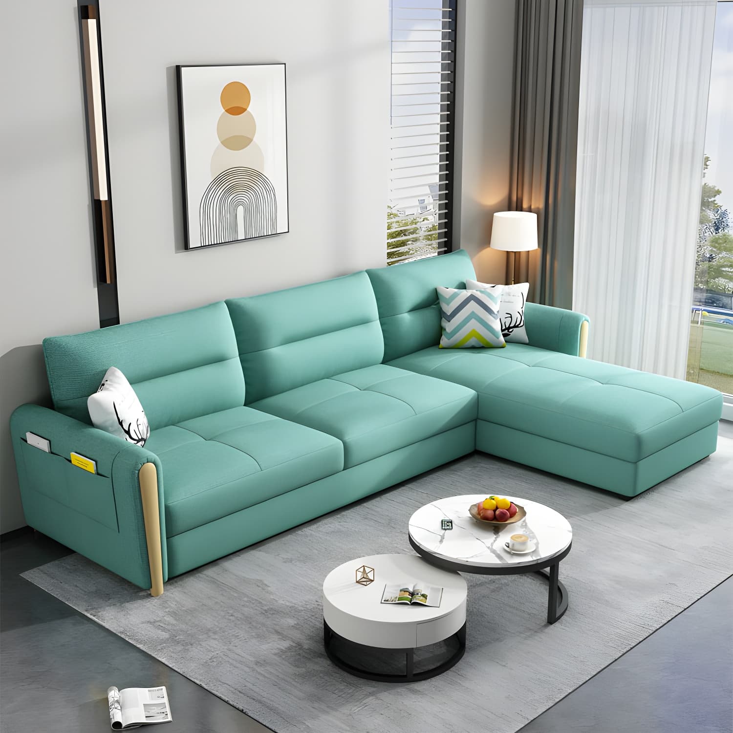 Grey Green Sectional Sofa with Under Seat Storage for Home and Room