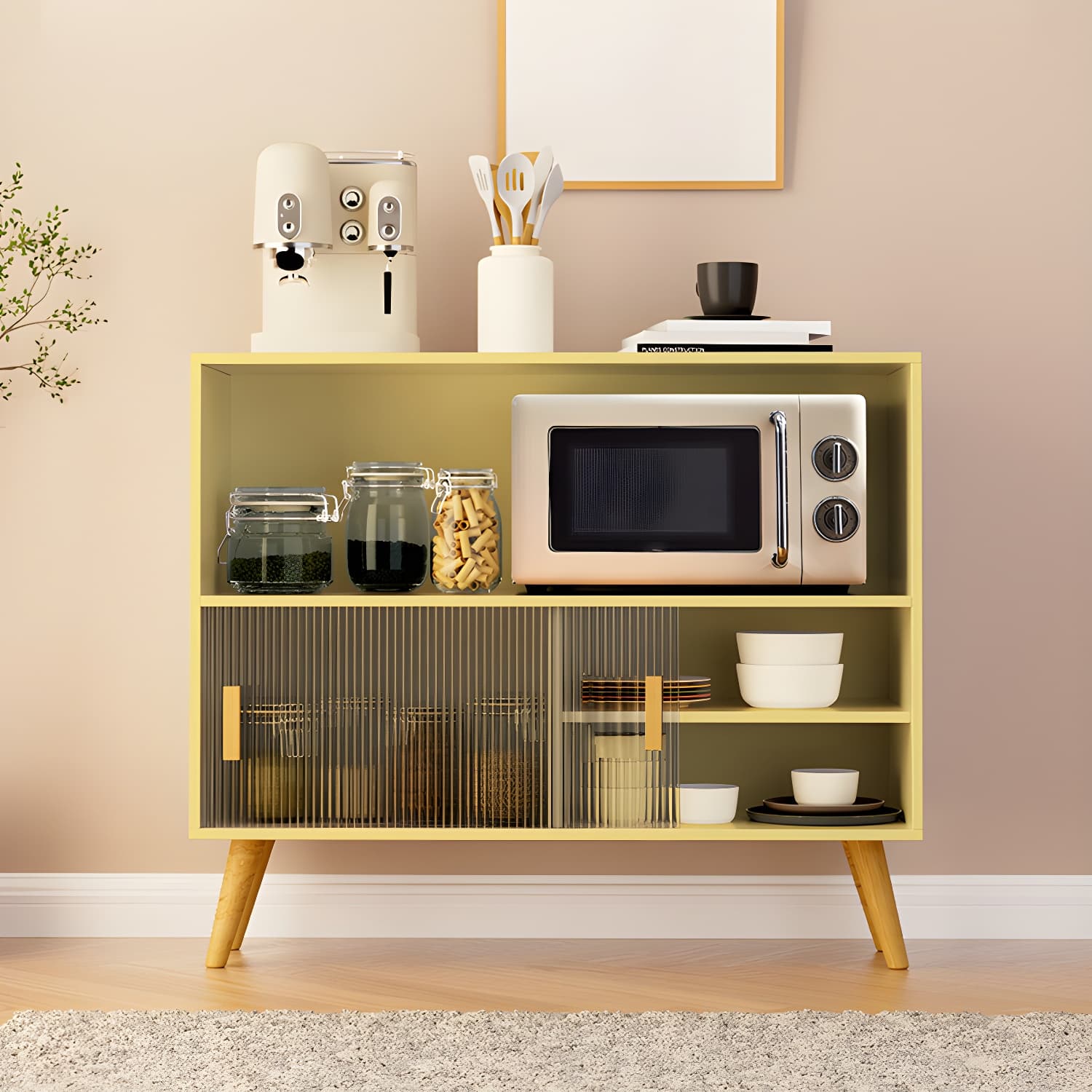 Scandinavian Wood Buffet Table with Acrylic Sliding Doors and Cabinet - image 12