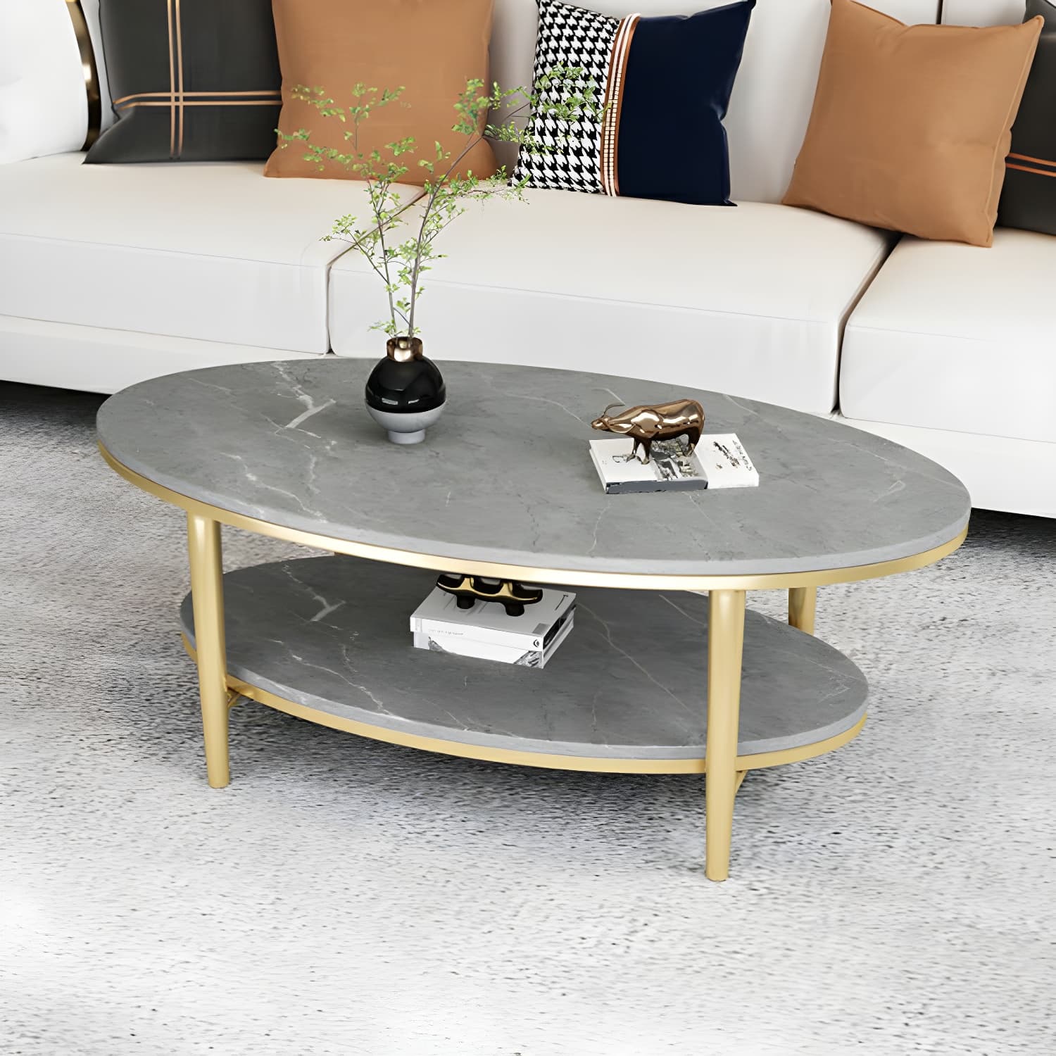 Glam Style Stone Top Oval Coffee Table with Both Shelf and Storage, Durable Iron Four Leg Base - image 3