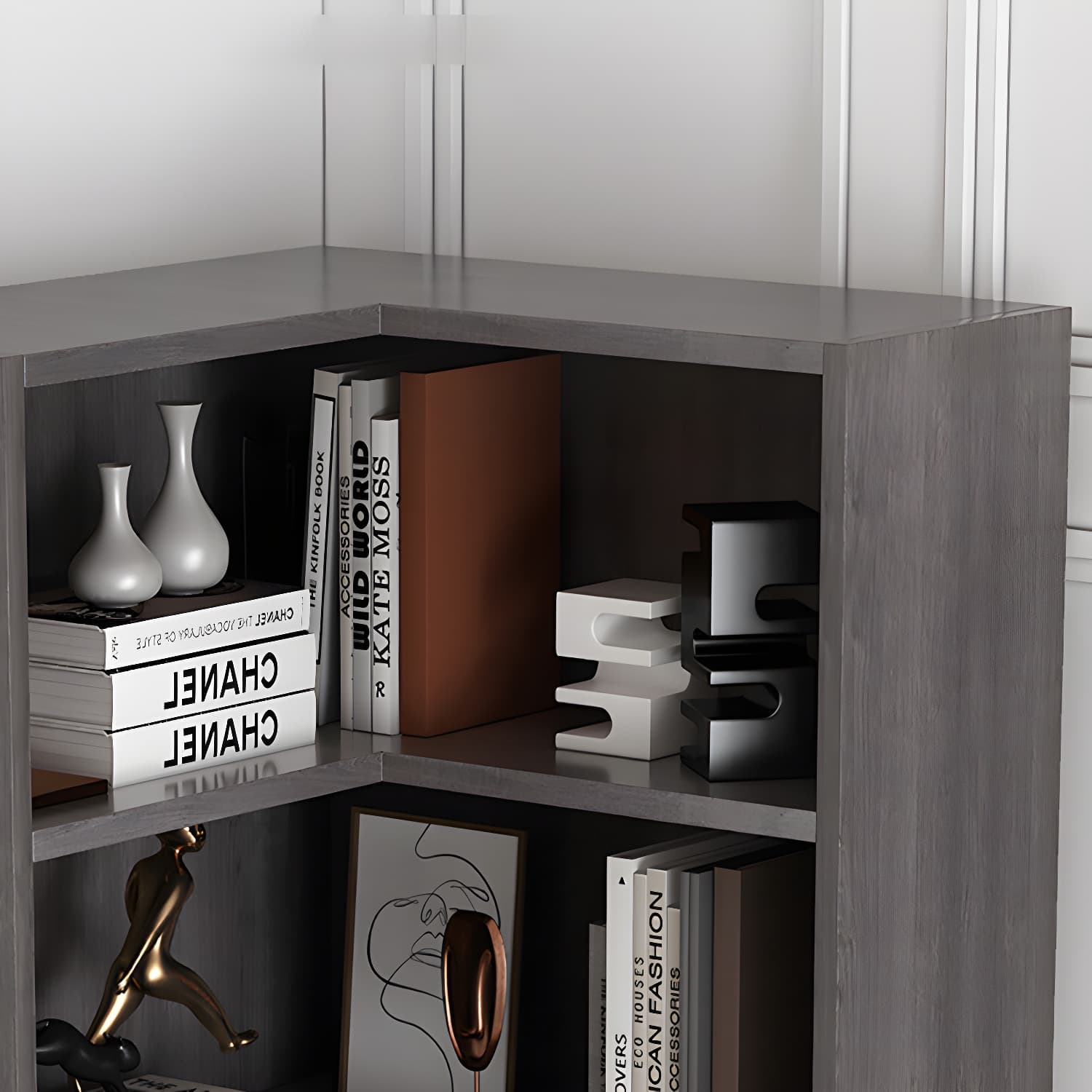 Corner Modern Accent Chest with Wood Counter Top and 6 Open Shelves without Drawers - image 10