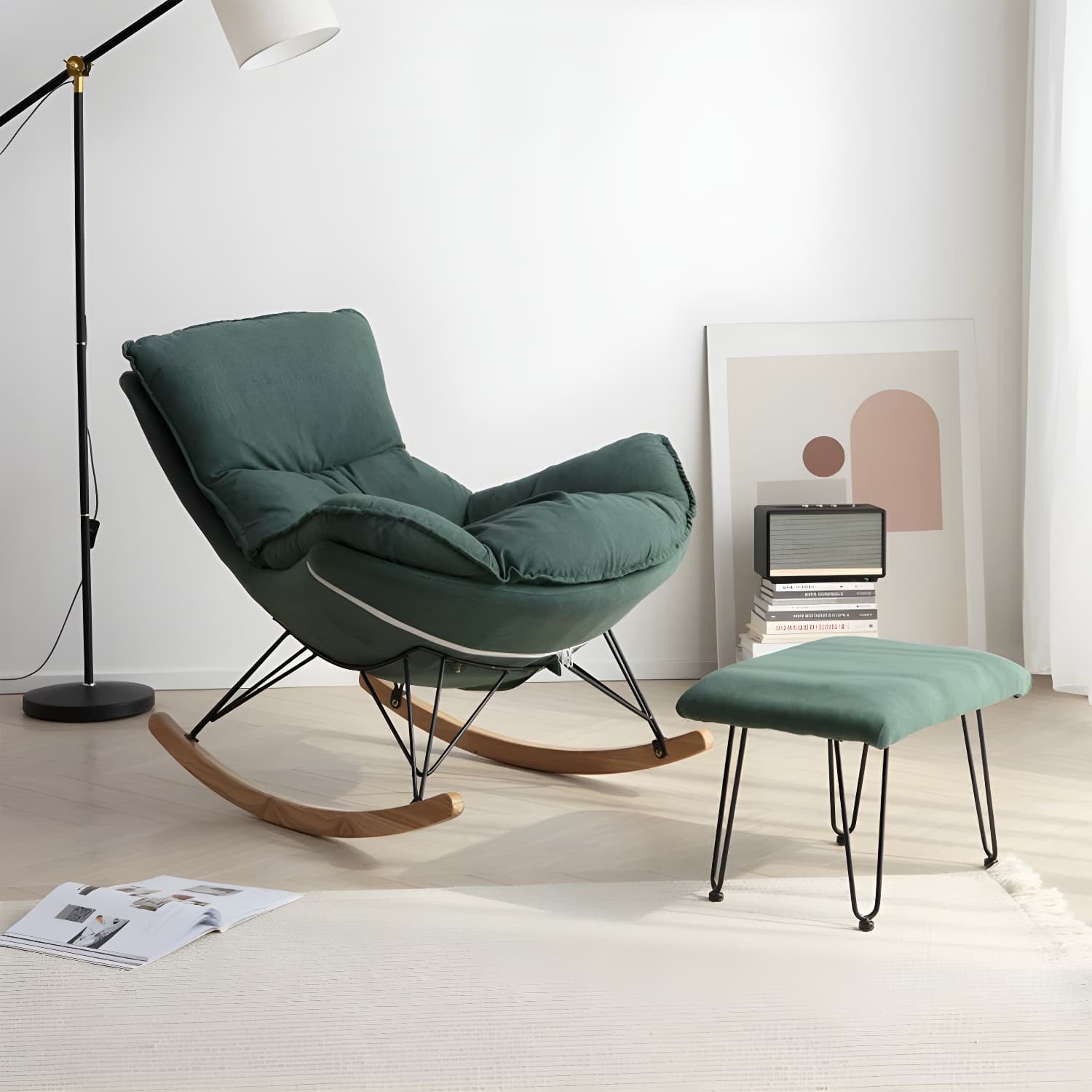 Modern Rocking Chair with Ottomans - Metal Frame, Removable Cushions, and Armless Design