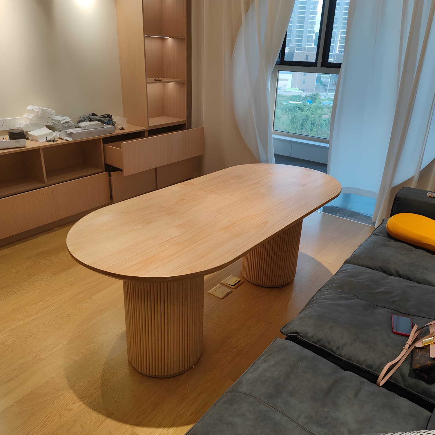 Natural Double Pedestal Dining Table Modern Oval Wood Home Dinner Room Kitchen Table - image 4