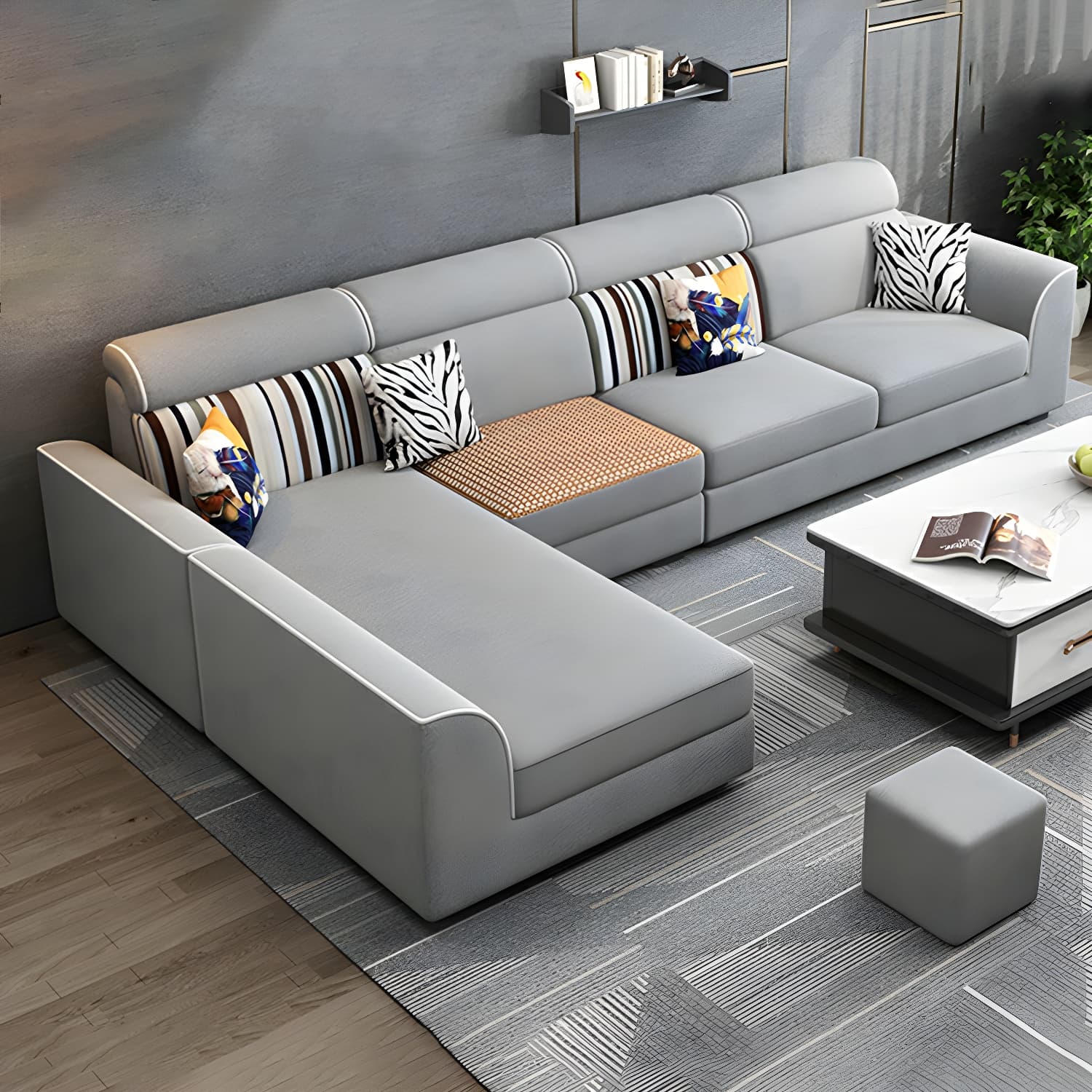 Scandinavian Reversible L-Shape Modular Wood Frame Corner Sectional with Chaise - image 13