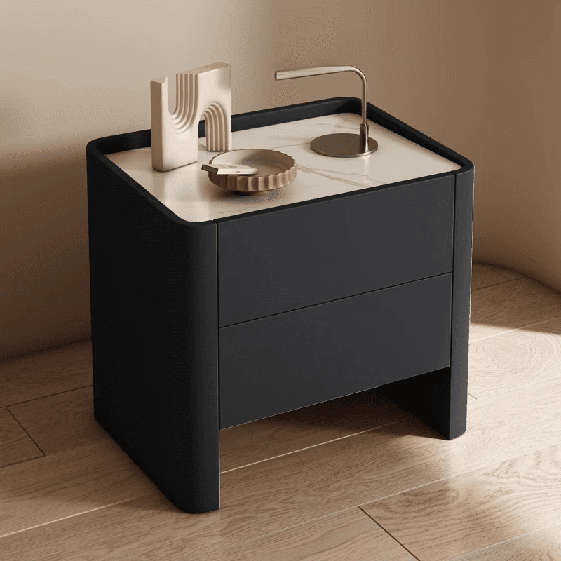 Stylish Drawer Storage Nightstand with 2 Drawers, Stone Countertop, and Leg