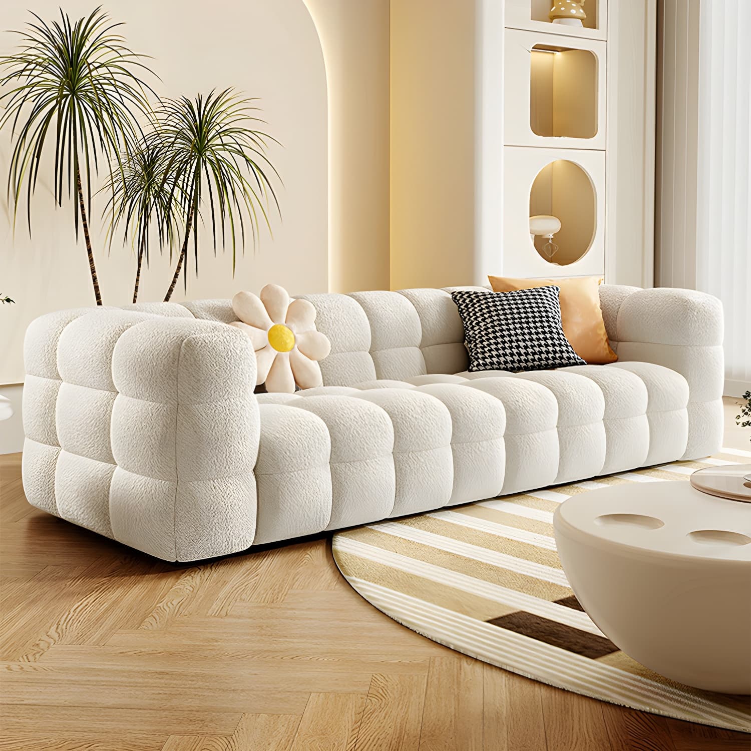Beige Polar Fleece Upholstered Scandinavian Wood Sectional for Cozy Home Decor - image 4