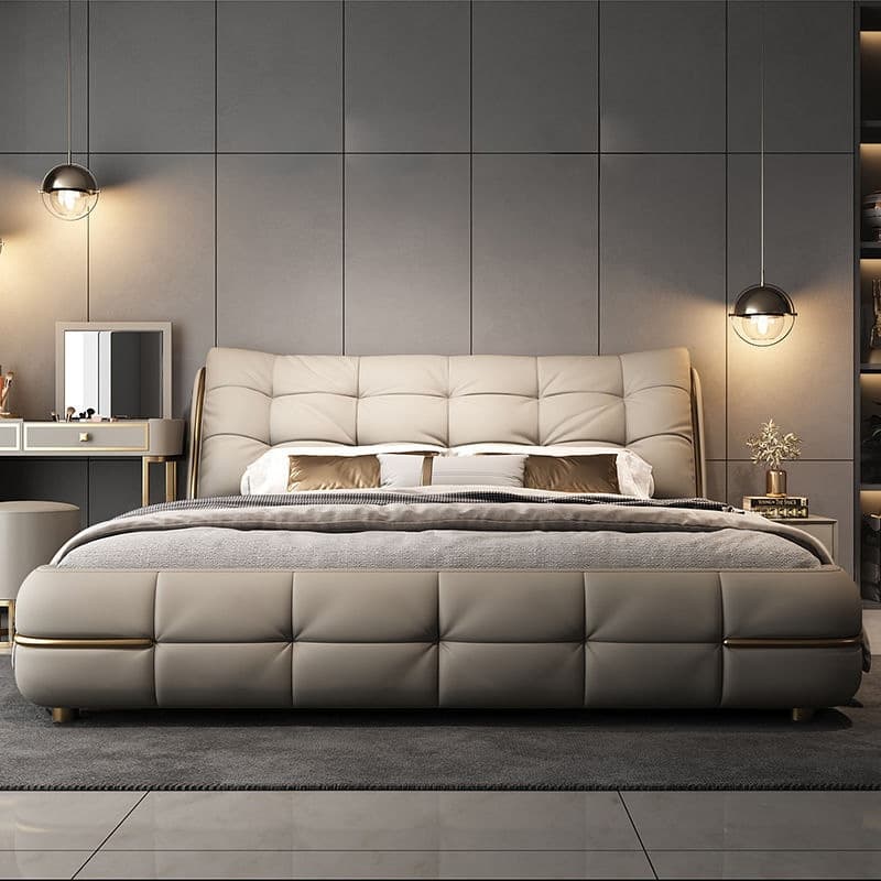 Beige Solid Color Storage Bed/Platform Bed with Pine Wood Frame for Living Room