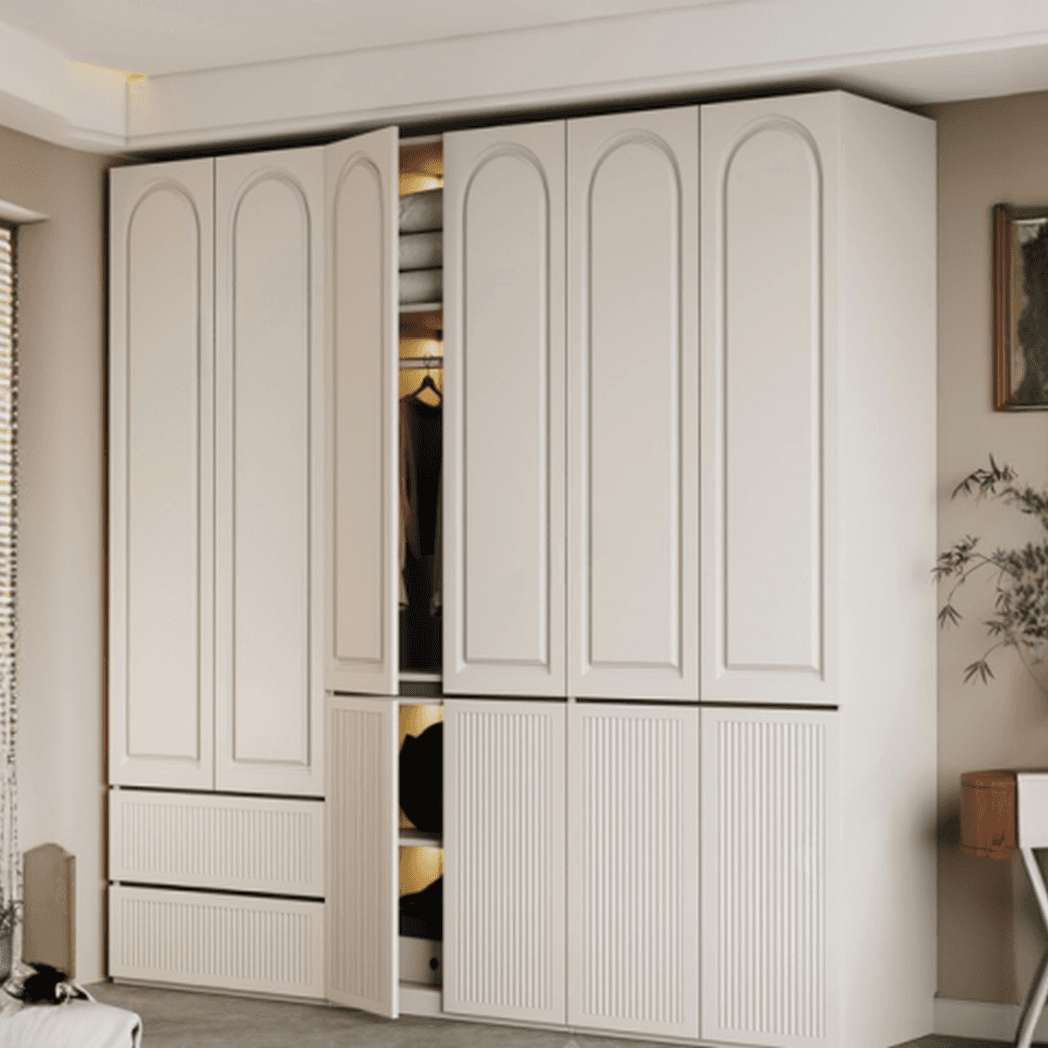 White Minimalist Manufactured Wood Independent Wardrobe Closet with Soft Close Drawer, Soft Close Door, and Interior Shelves
